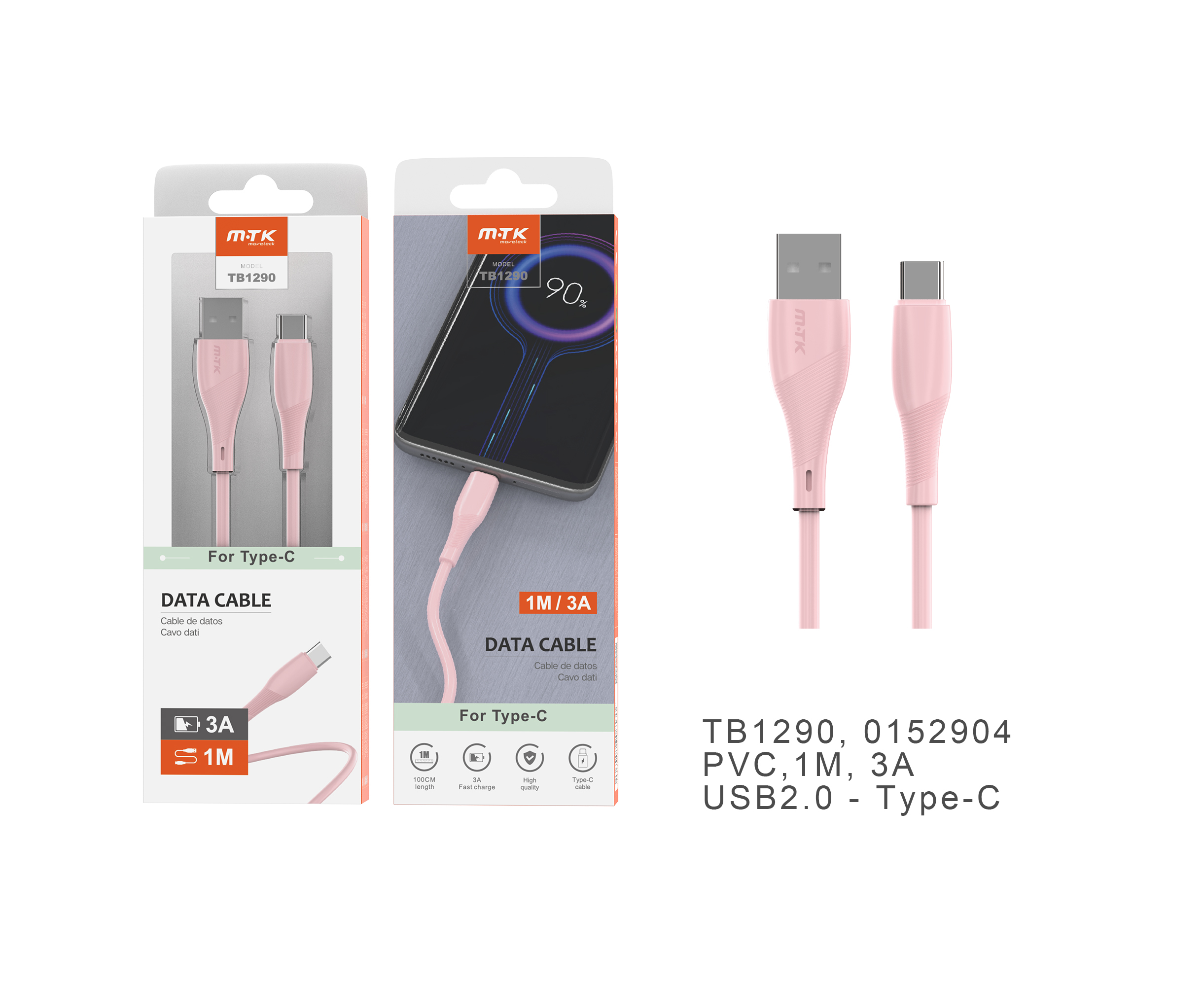 TB1290 RS Cable de datos PVC Venus para Type-C, 1M, 3.4A ROSA