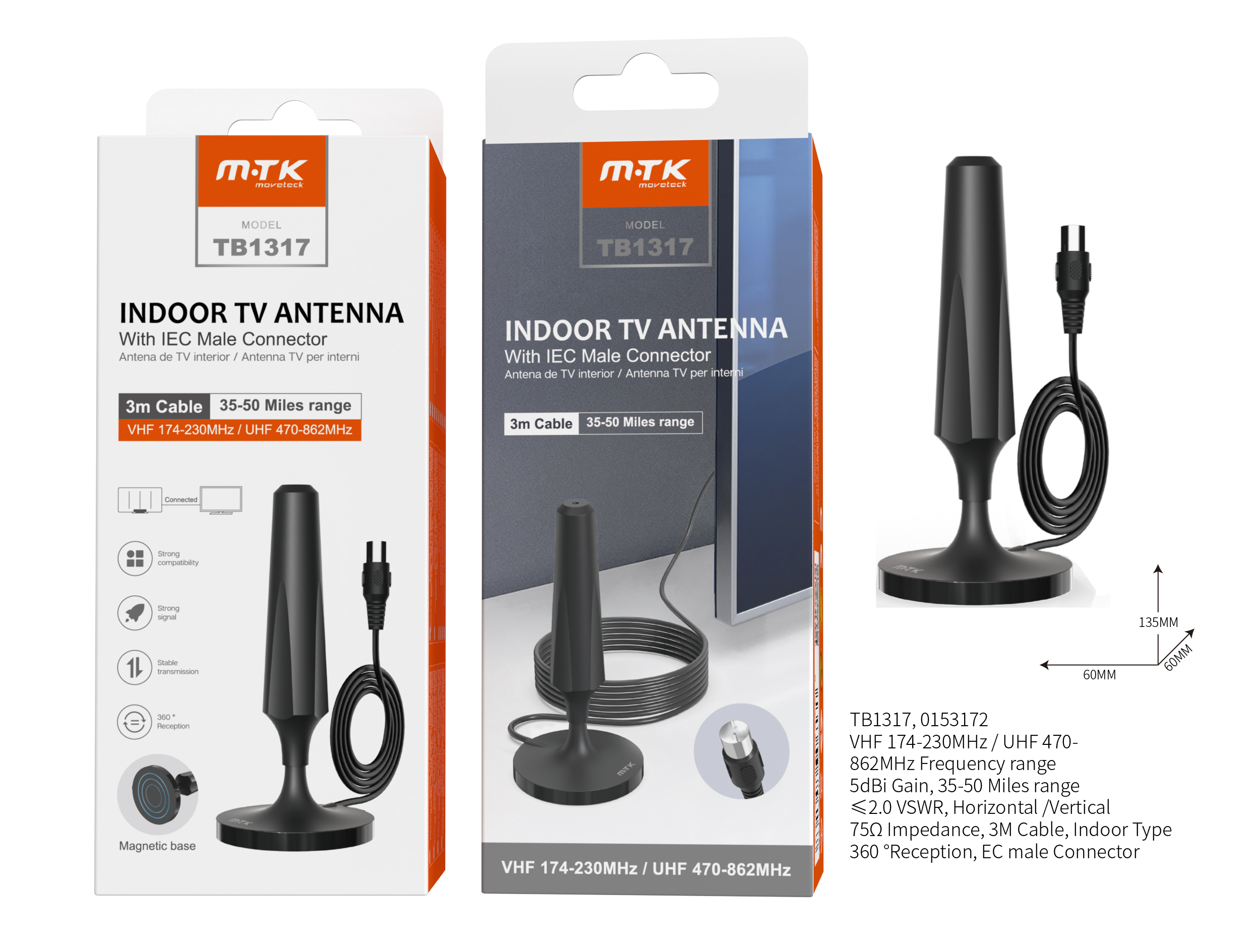 TB1317 NE Antena de TV Interior  con base Magnetico 1080P  ,5 DBI, Rango de 80 KM,3M,Negro