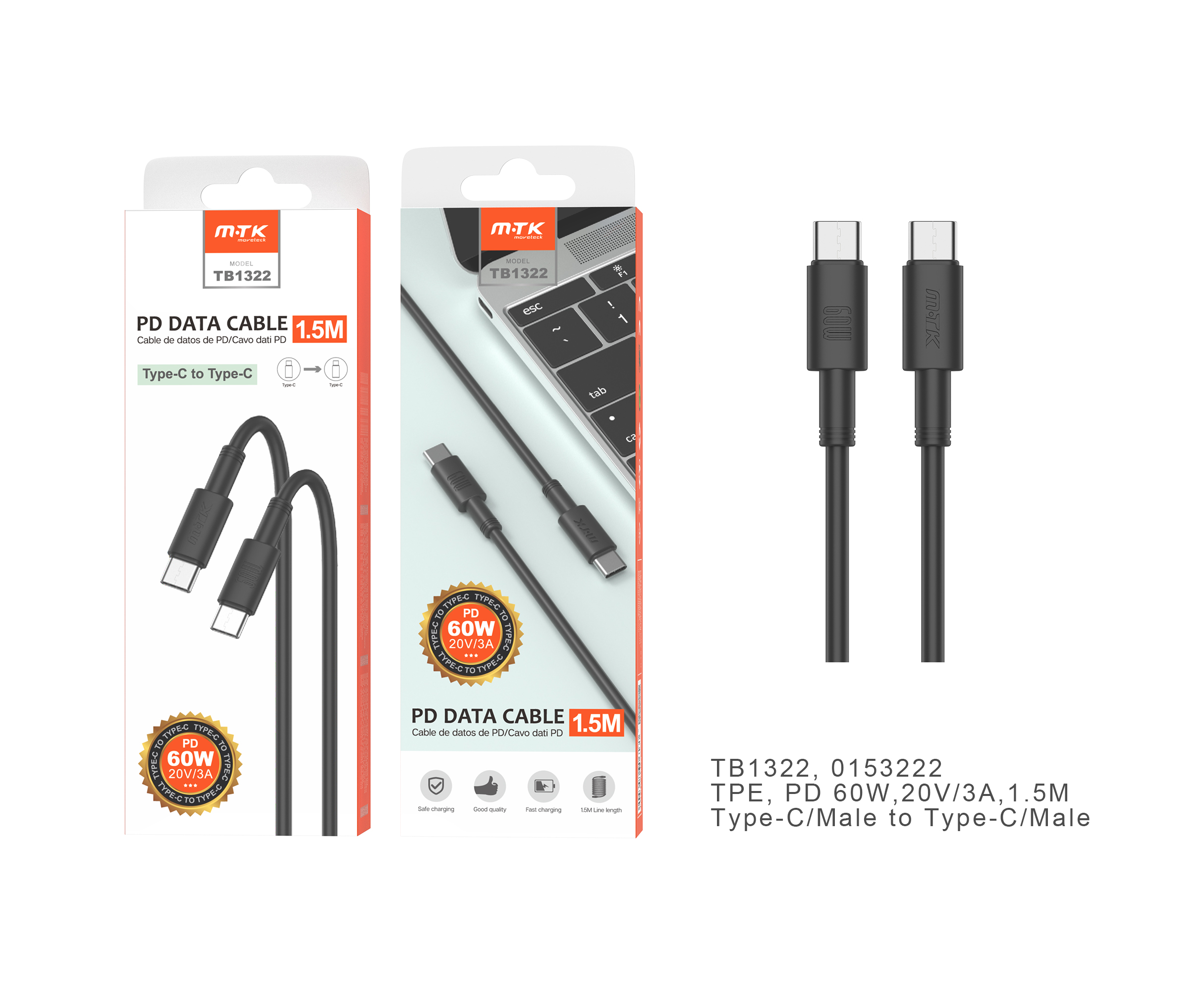 TB1322 NE Cable de Datos Swift Type-C a Type-C, Carga Rapida 60W 20V/3A ,Cable 1,5M ,Negro