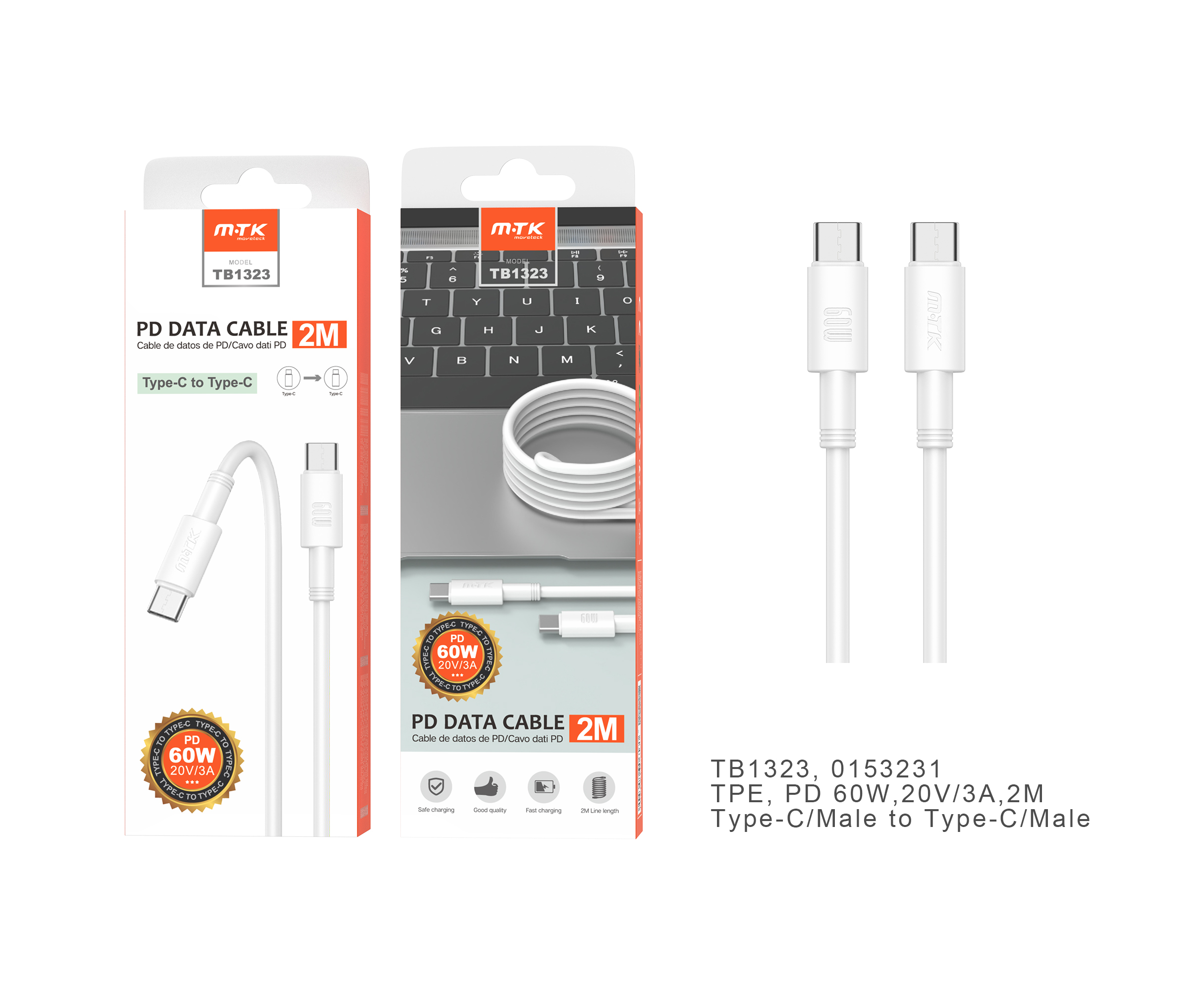 TB1323 BL Cable de Datos Swift Type-C a Type-C, Carga Rapida 60W 20V/3A ,Cable 2M ,Blanco