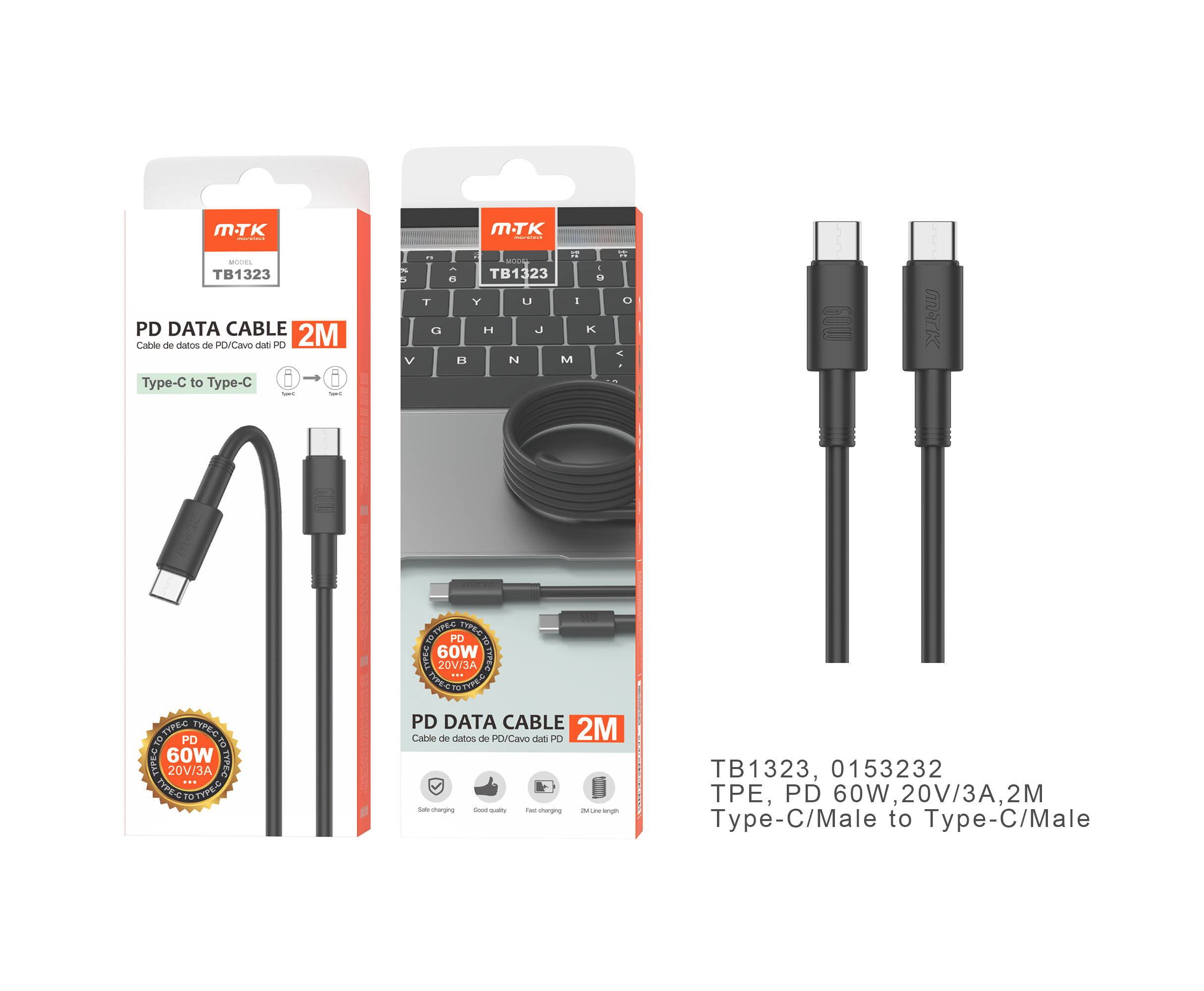 TB1323 NE Cable de Datos Swift Type-C a Type-C, Carga Rapida 60W 20V/3A ,Cable 2M ,Negro