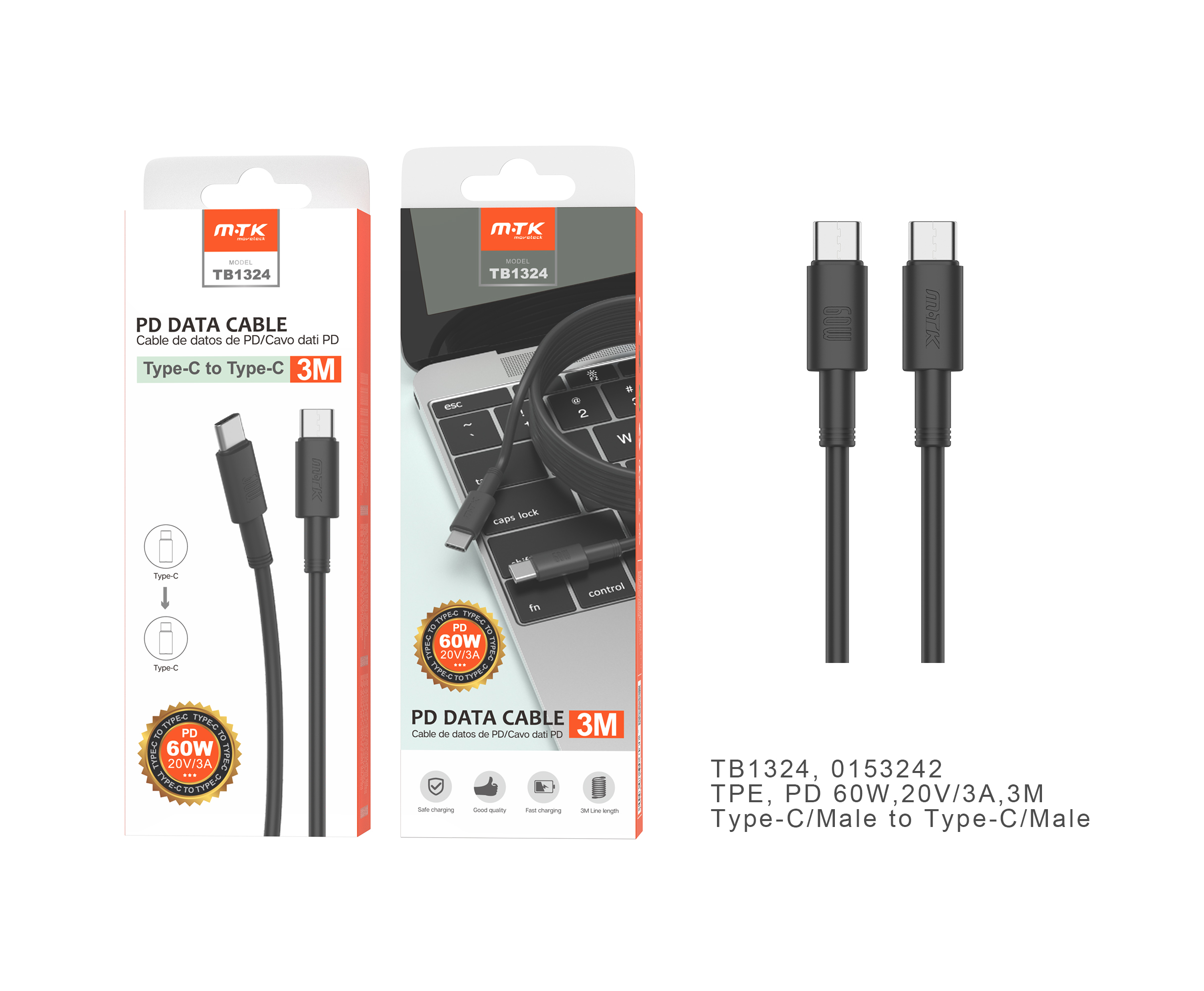 TB1324  NE Cable de Datos Swift Type-C to Type-C, Carga rapida PD, 60W 20A, 3M, Negro