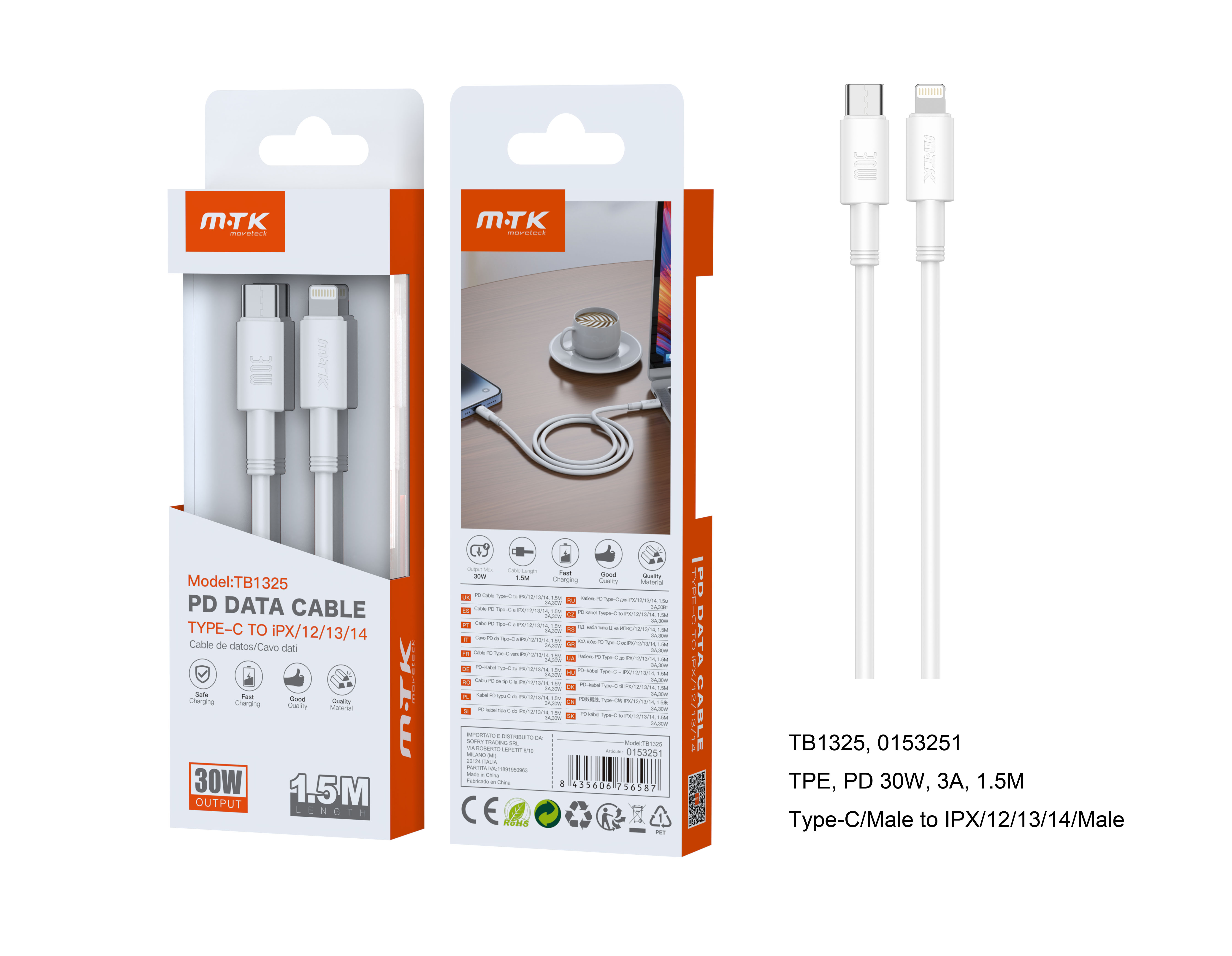 TB1325  BL Cable de Datos Swift , Type-C a Lightning ,Carga Rapida PD 30W/3A ,Cable 1.5M ,Blanco