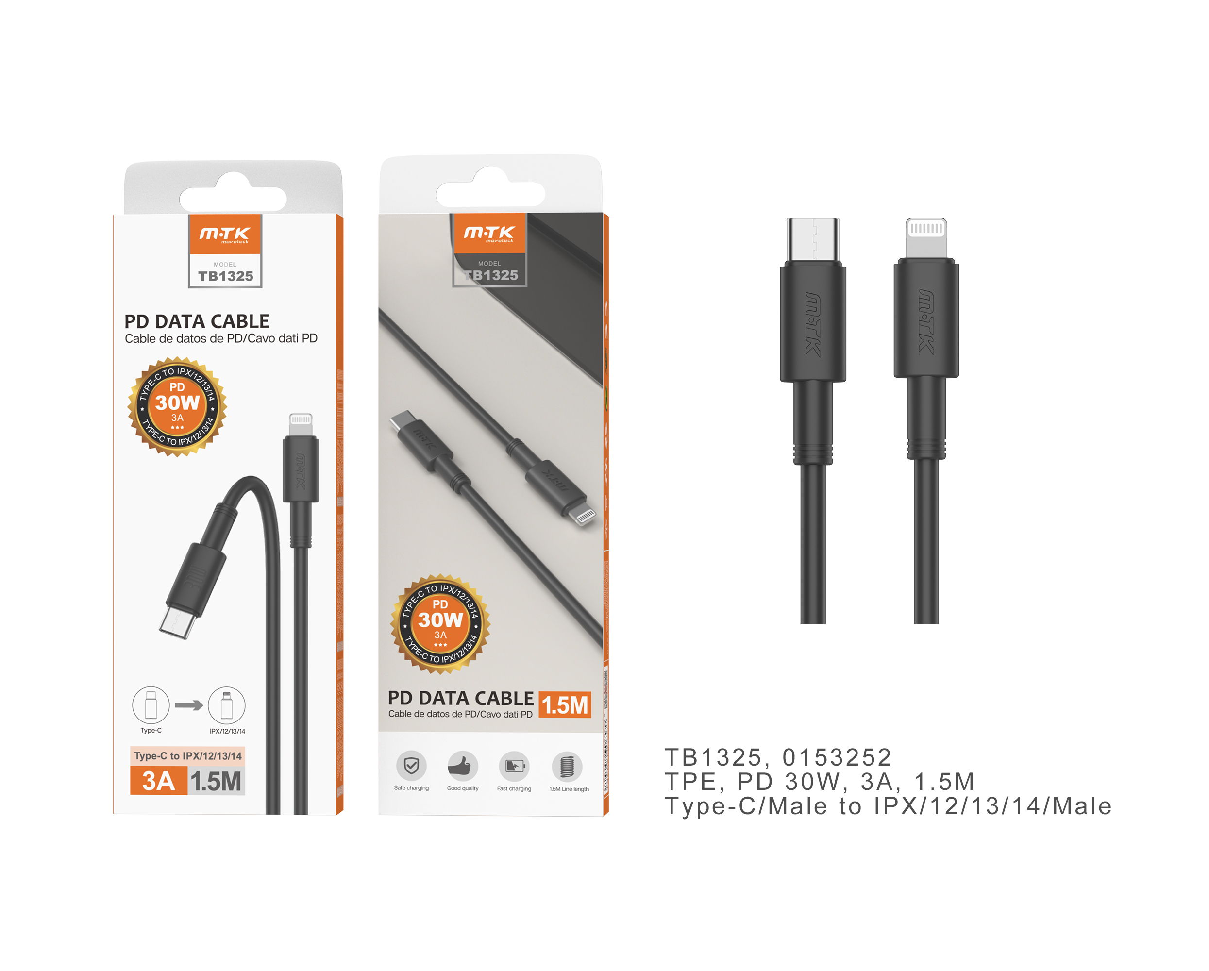 TB1325  NE Cable de Datos Swift , Type-C a Lightning ,Carga Rapida PD 30W/3A ,Cable 1.5M ,Negro