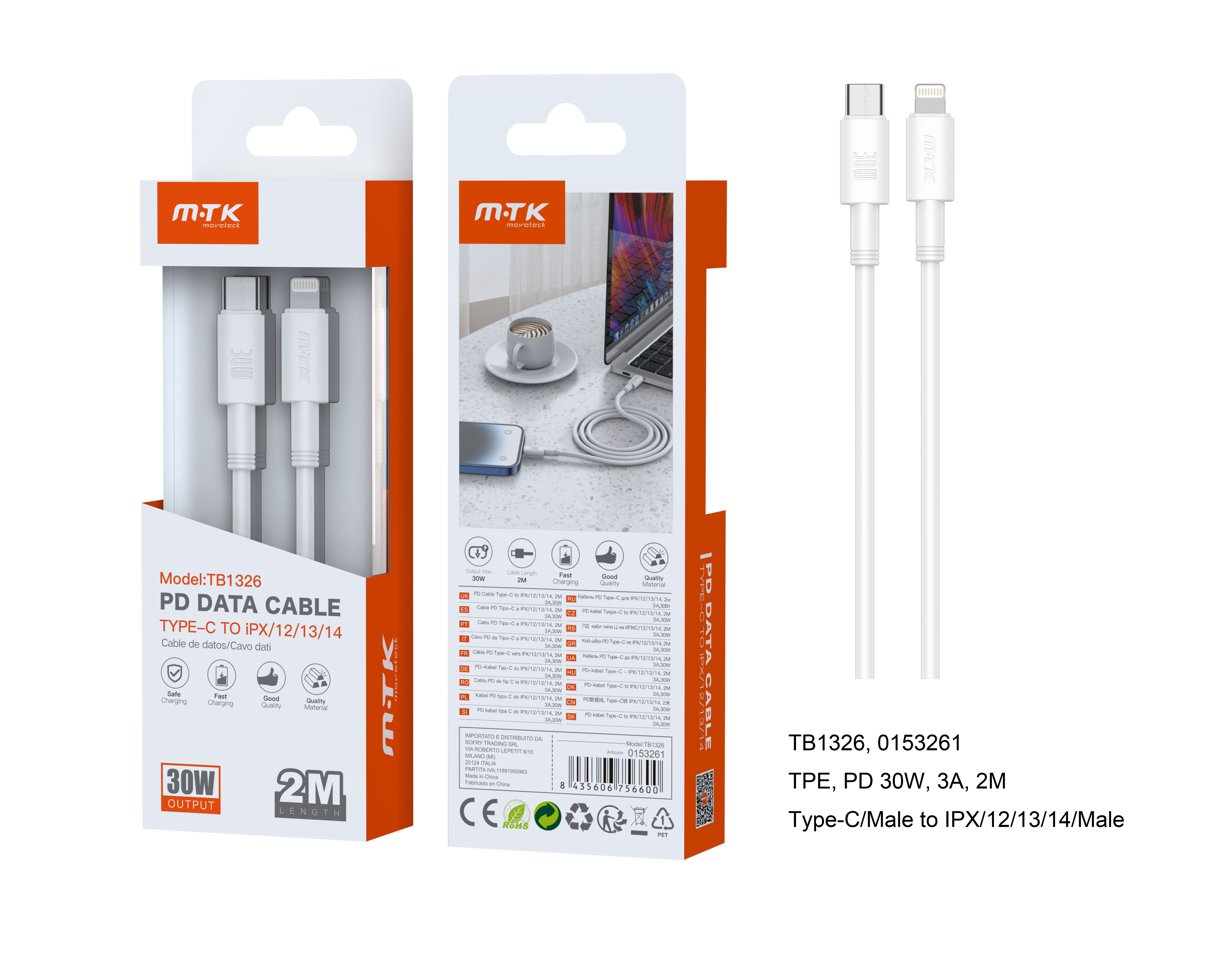 TB1326  BL Cable de Datos Swift , Type-C a Lightning ,Carga Rapida PD 30W/3A ,Cable 2M ,Blanco