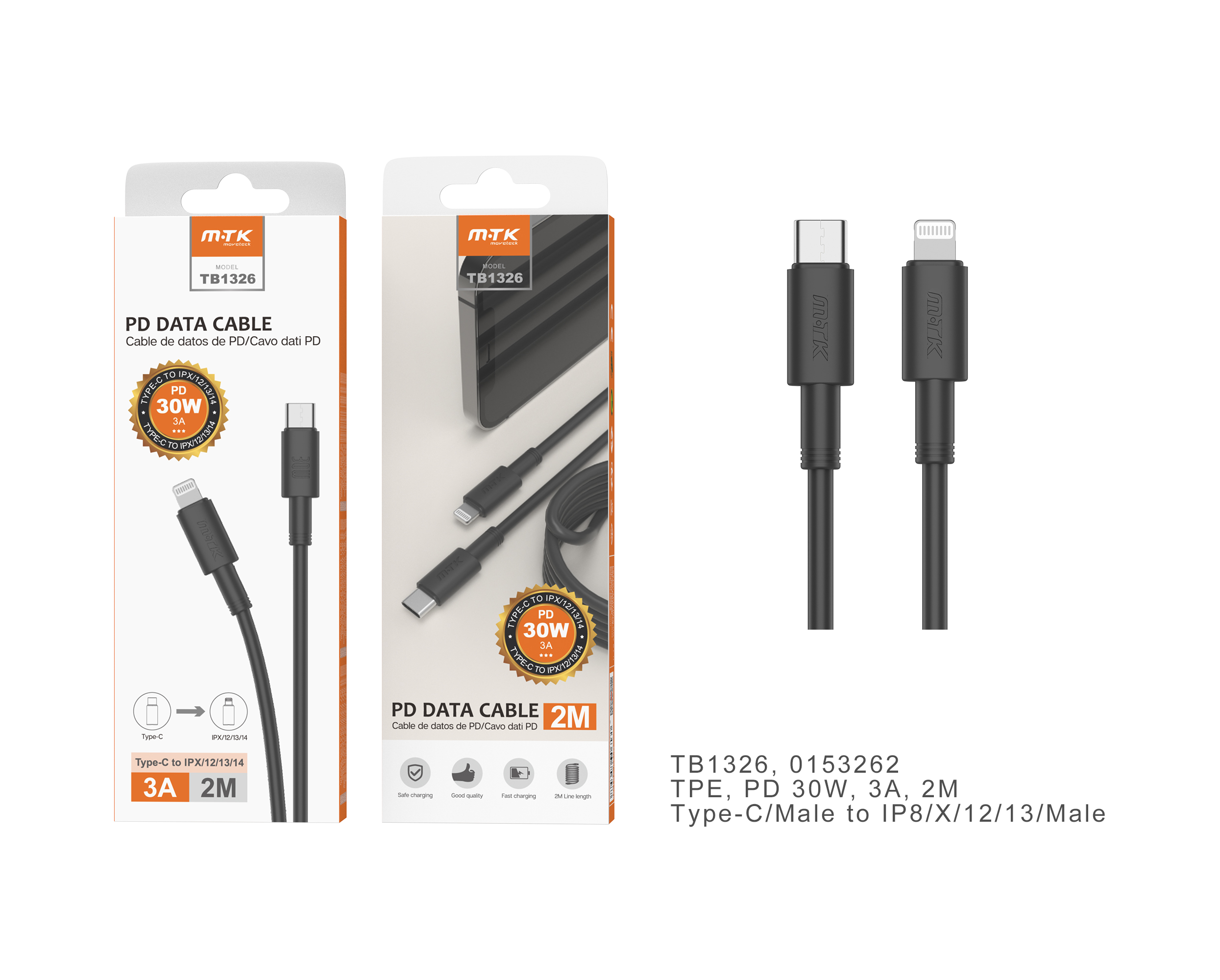 TB1326  NE Cable de Datos Swift , Type-C a Lightning ,Carga Rapida PD 30W/3A ,Cable 2M ,Negro