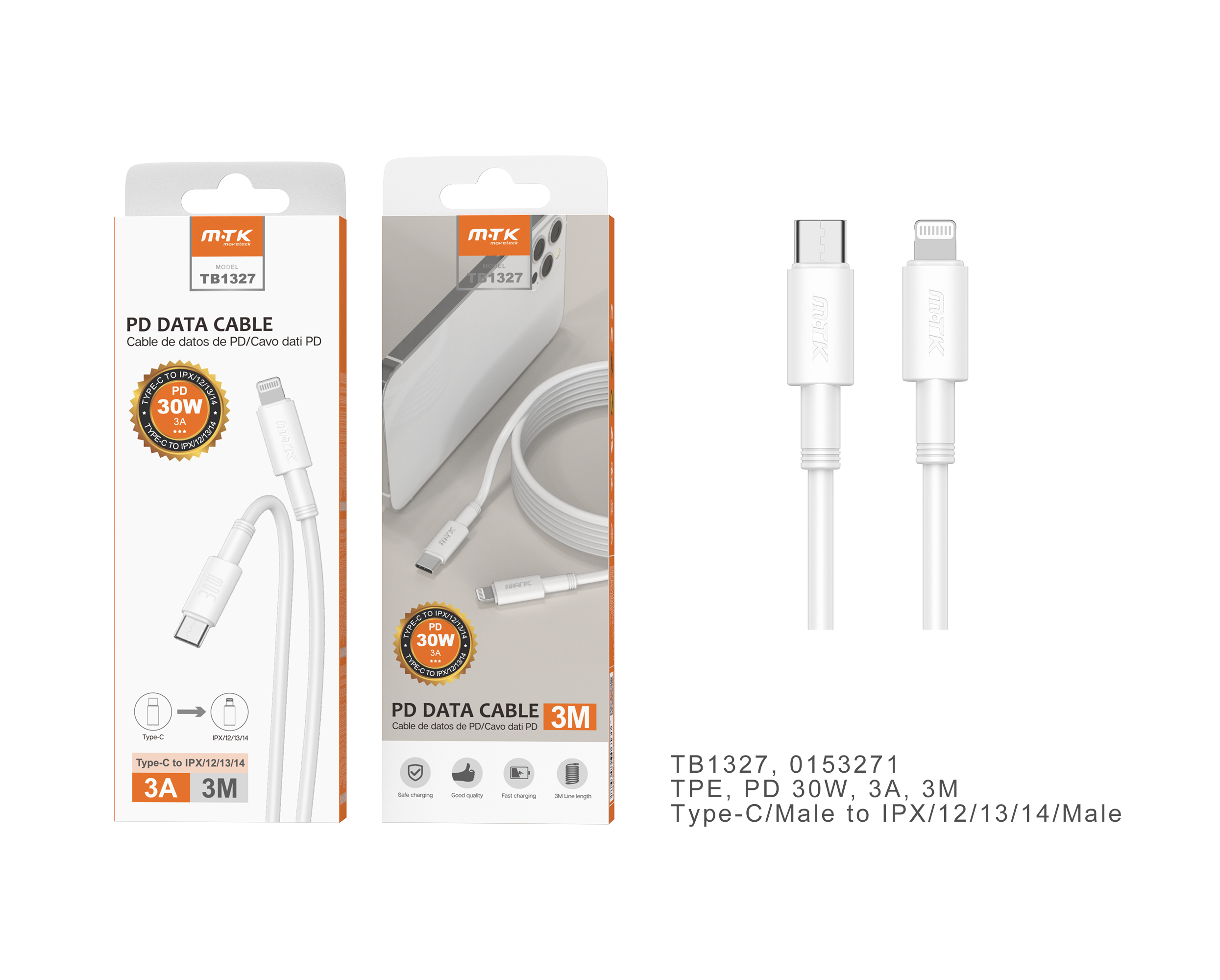 TB1327  BL Cable de Datos Swift , Type-C a Lightning ,Carga Rapida PD 30W/3A ,Cable 3M ,Blanco