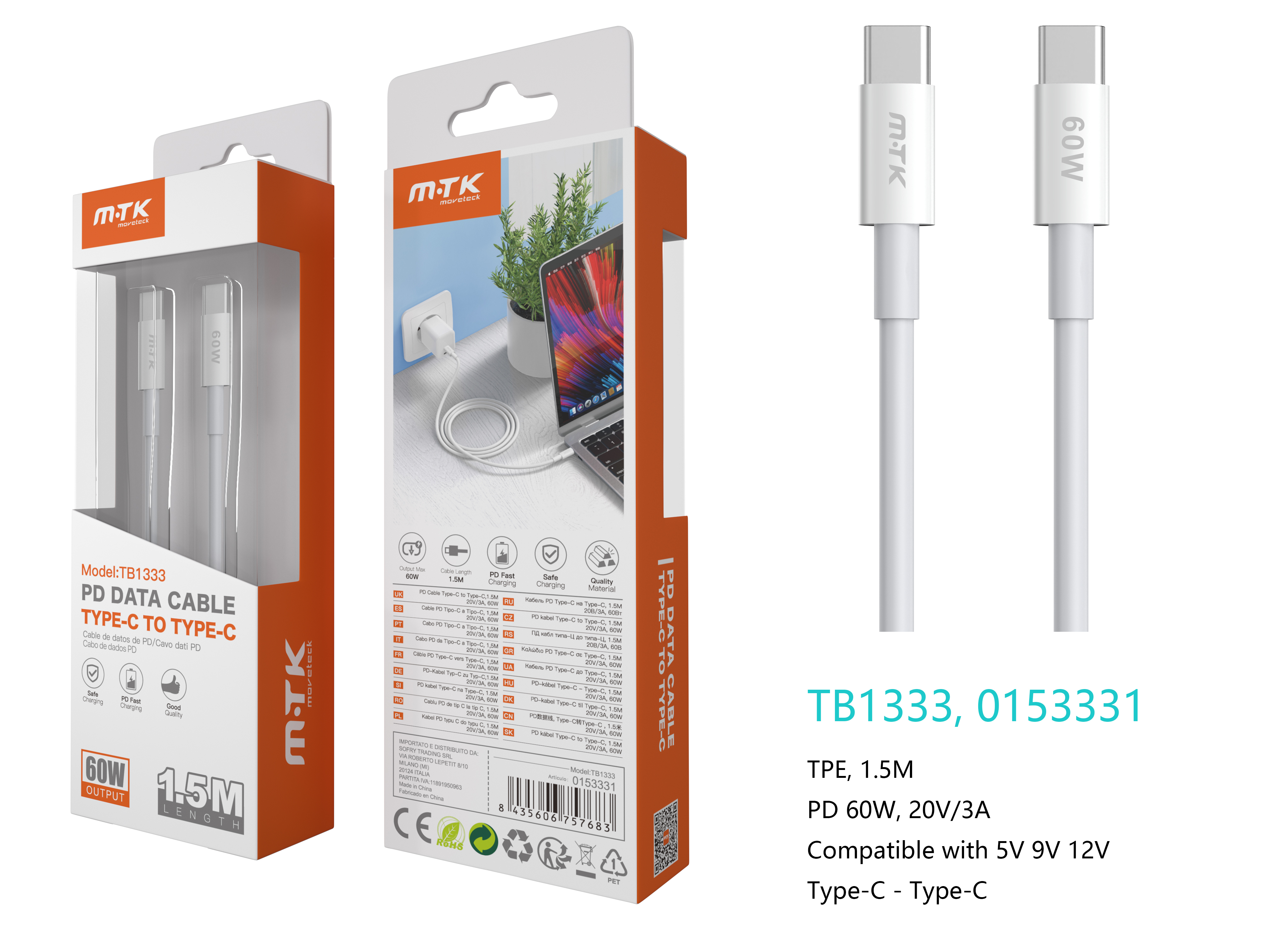 TB1333  BL Cable de Datos Siro , Type-C a Type-C ,  Carga Rapida PD 60W 20v/3A ,Cable 1.5M ,Blanco