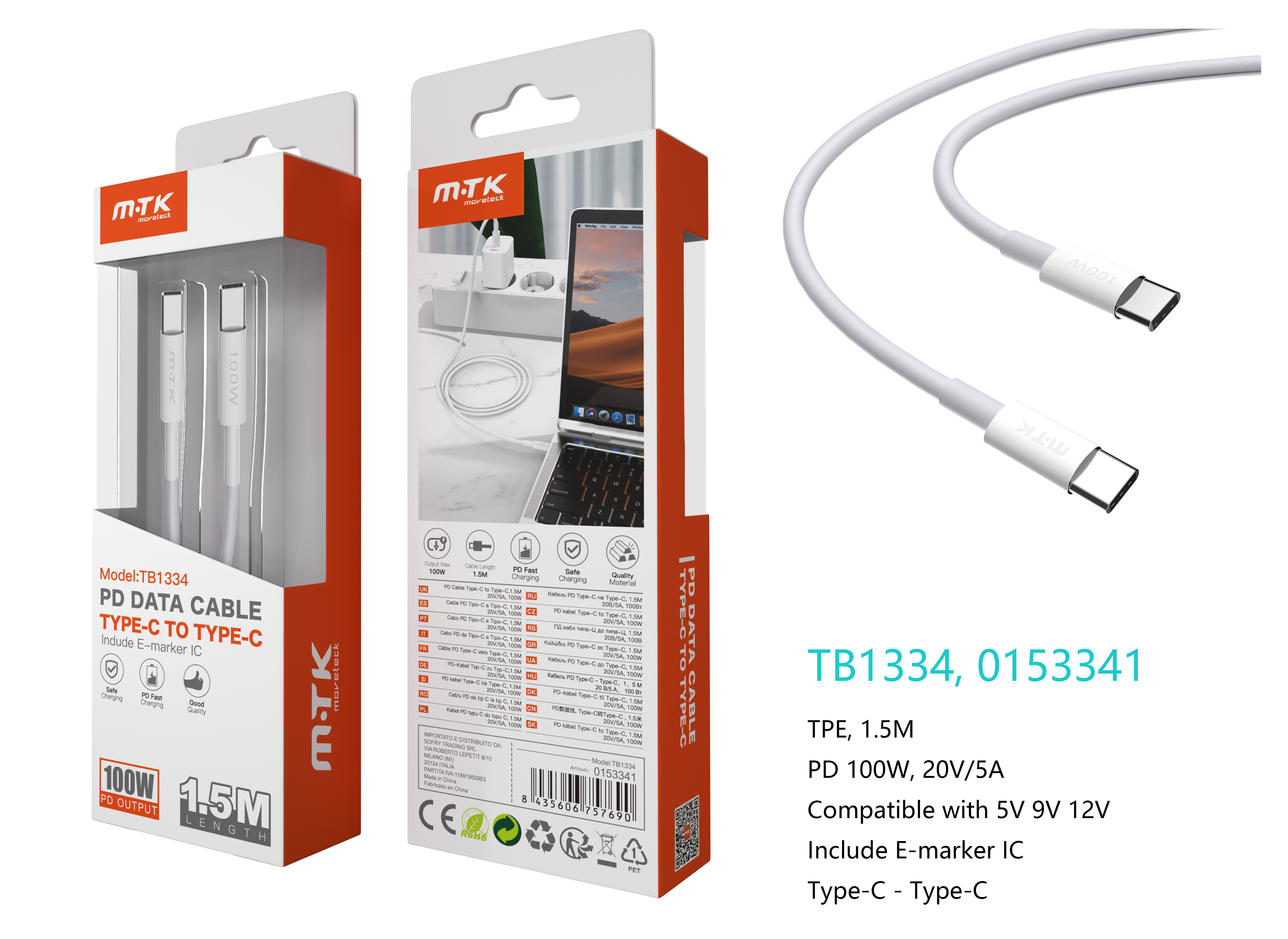 TB1334  BL Cable de Datos Siro con Chip inteligente E-Marker, Type-C a Type-C ,  Carga Rapida PD 100
