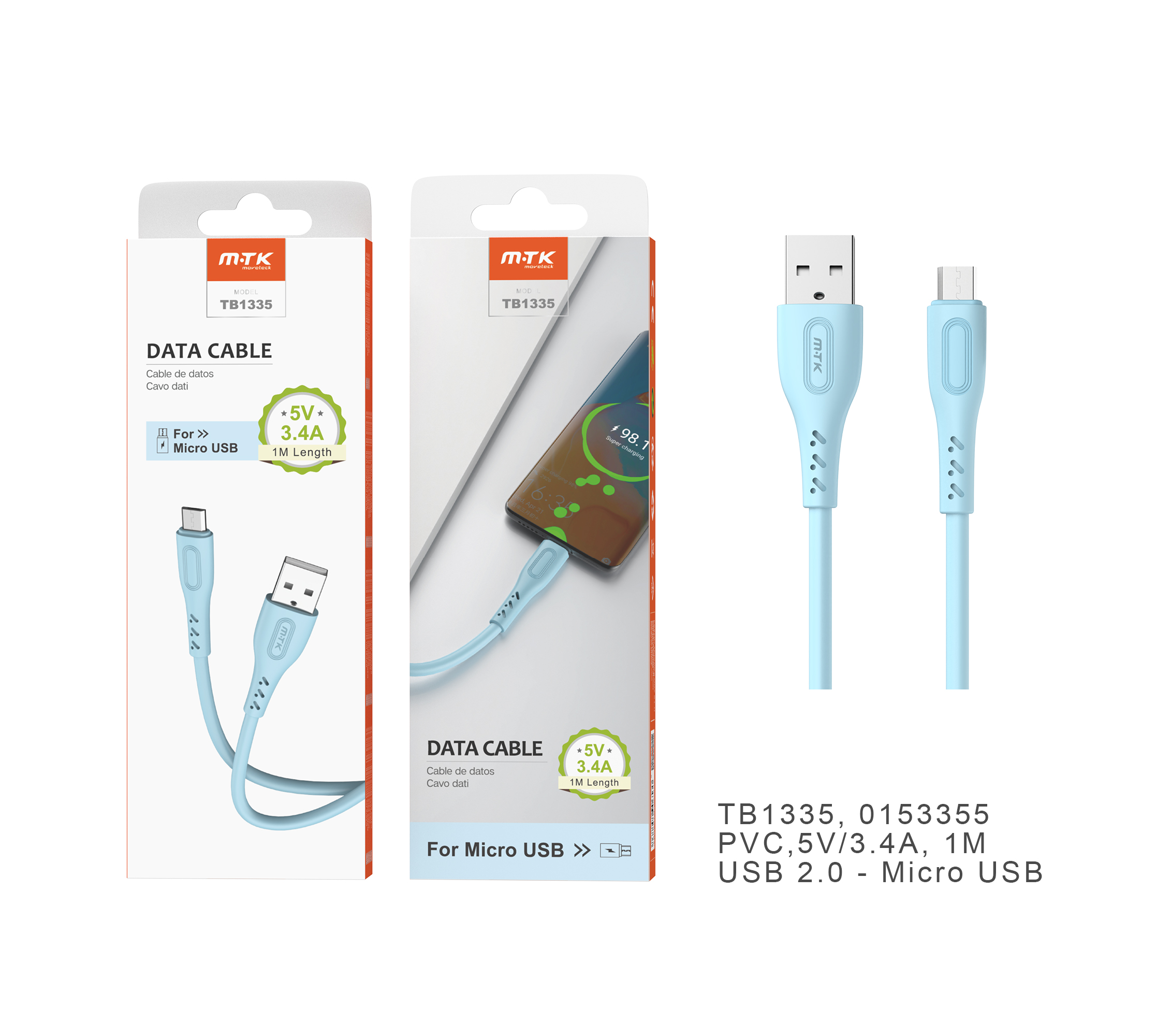 TB1335 AZ Cable de datos Clea para Micro USB, 5V/3.4A, 1M , Azul