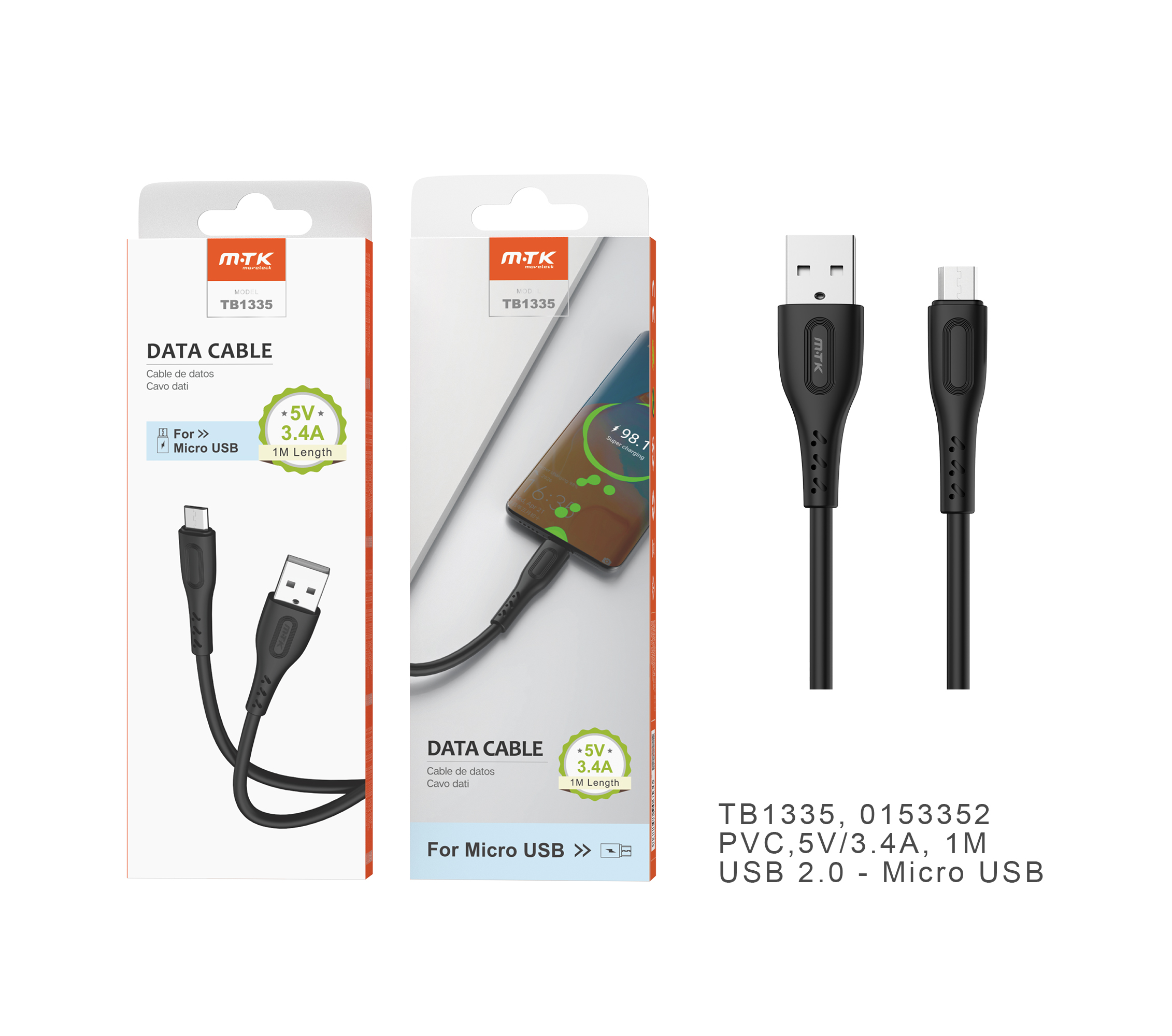 TB1335 NE Cable de datos Clea para Micro USB, 5V/3.4A, 1M , Negro