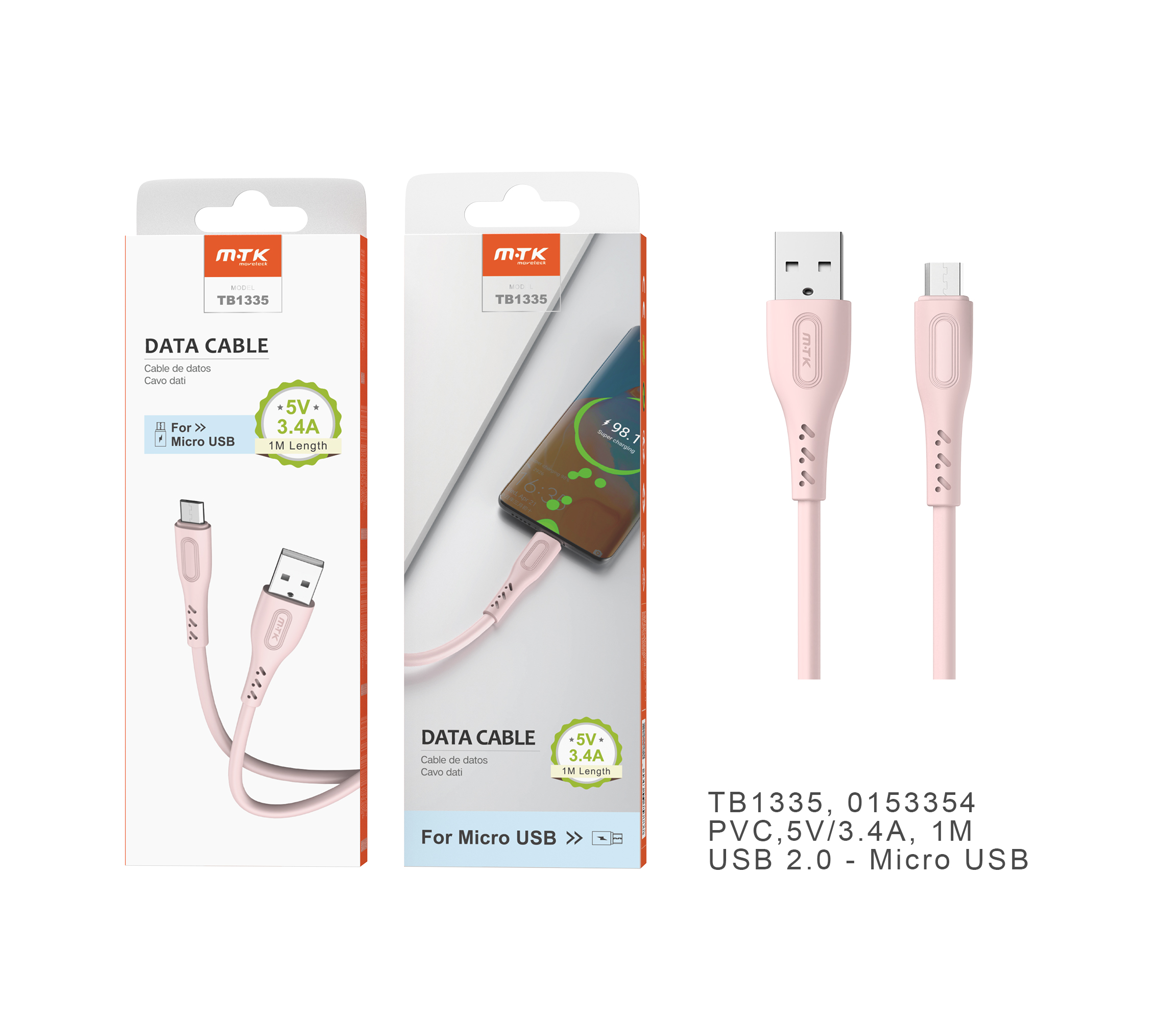 TB1335 RS Cable de datos Clea para Micro USB, 5V/3.4A, 1M , Rosa