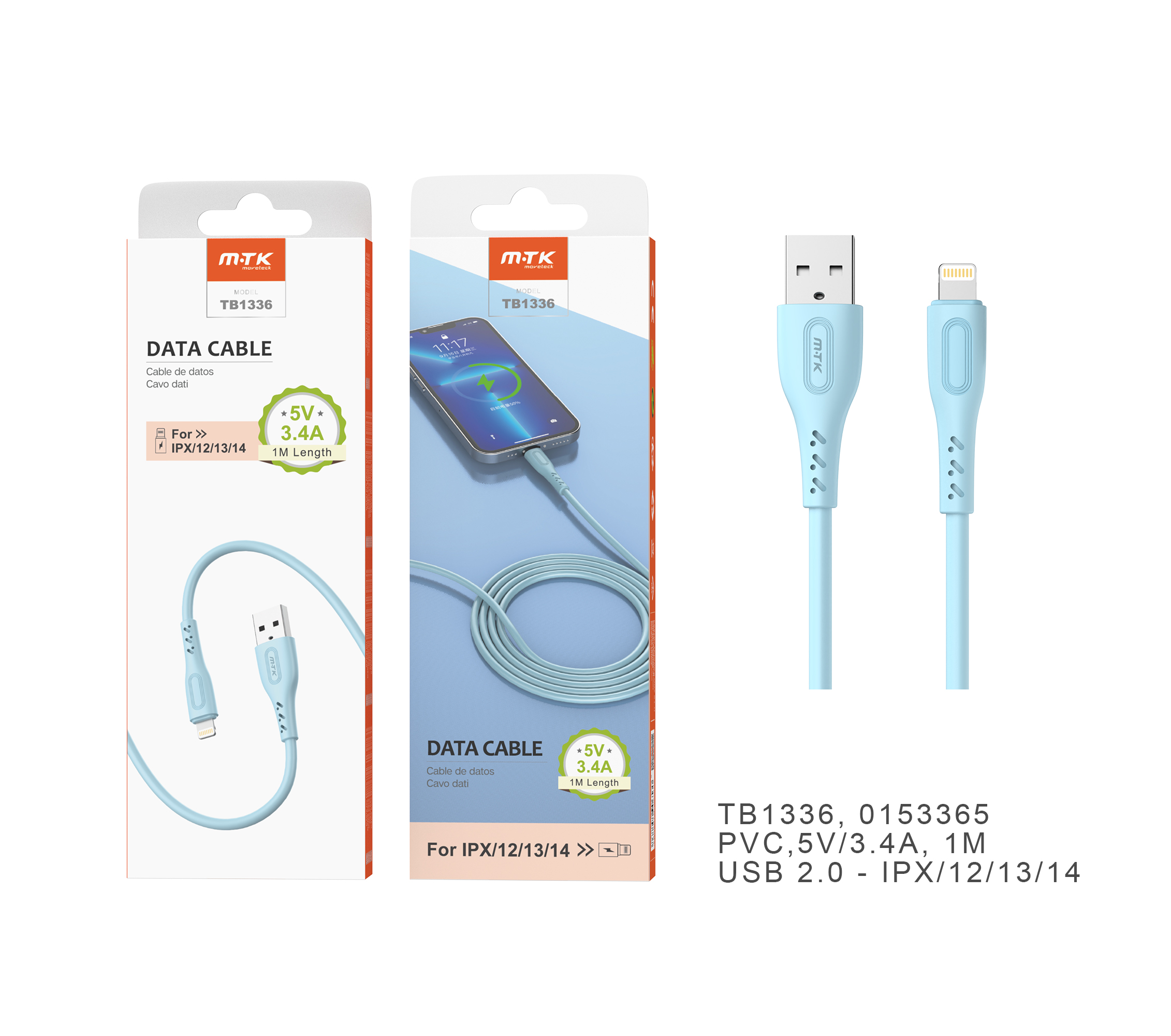 TB1336 AZ Cable de datos Clea para Iphone 5-14 , 5V/3.4A, 1M , Azul