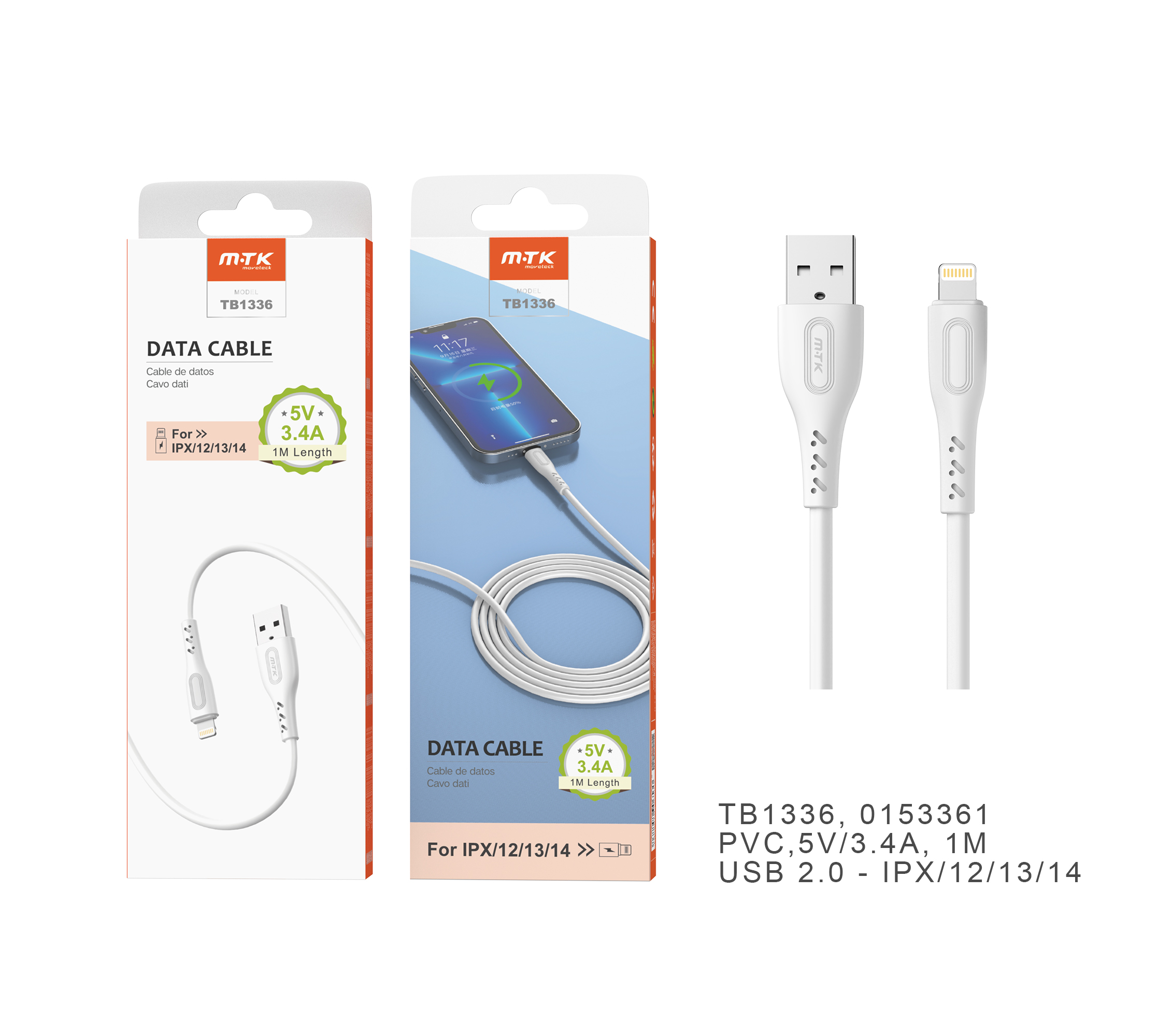 TB1336 BL Cable de datos Clea para Iphone 5-14 , 5V/3.4A, 1M , Blanco