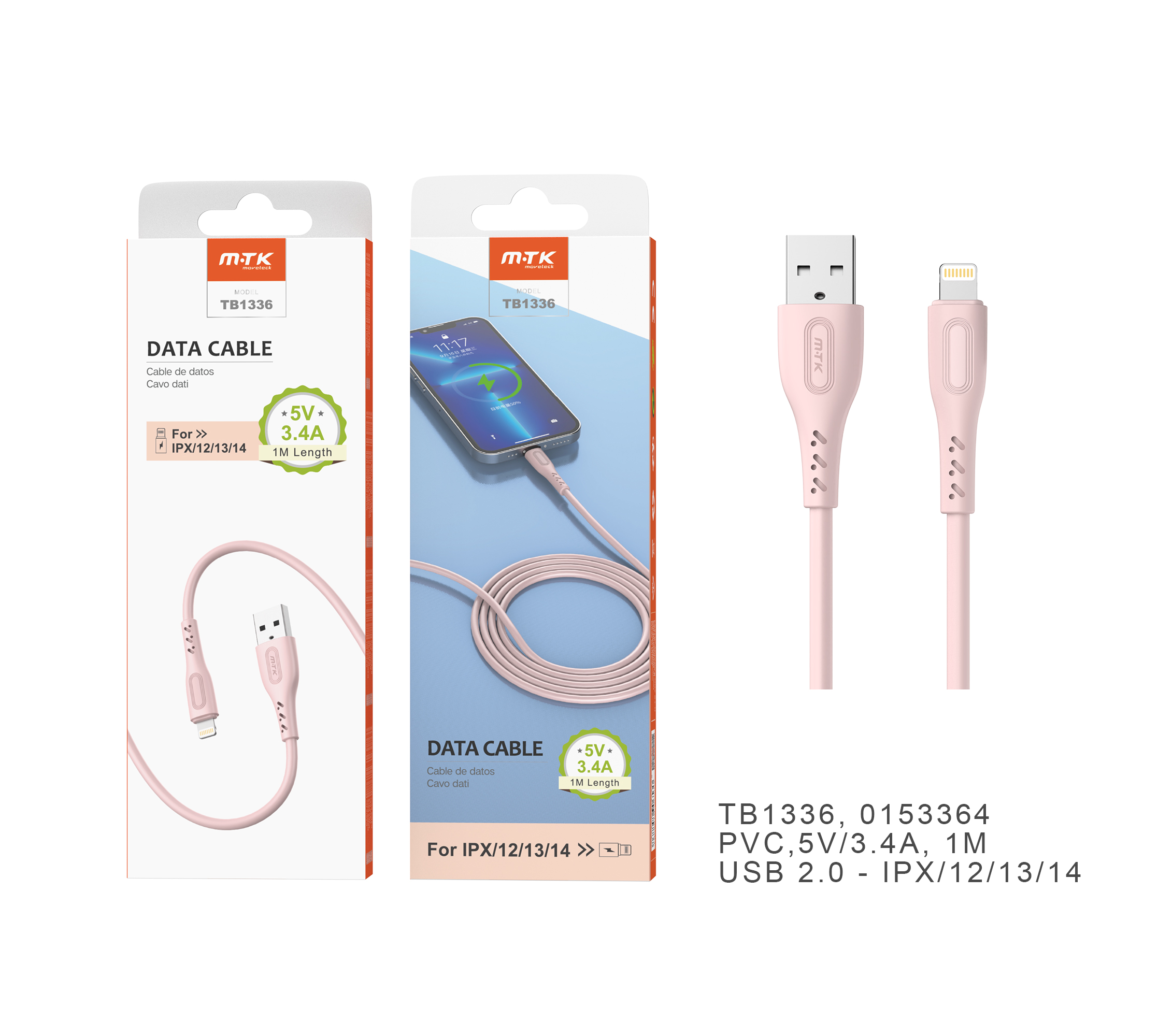 TB1336 RS Cable de datos Clea para Iphone 5-14 , 5V/3.4A, 1M , Rosa