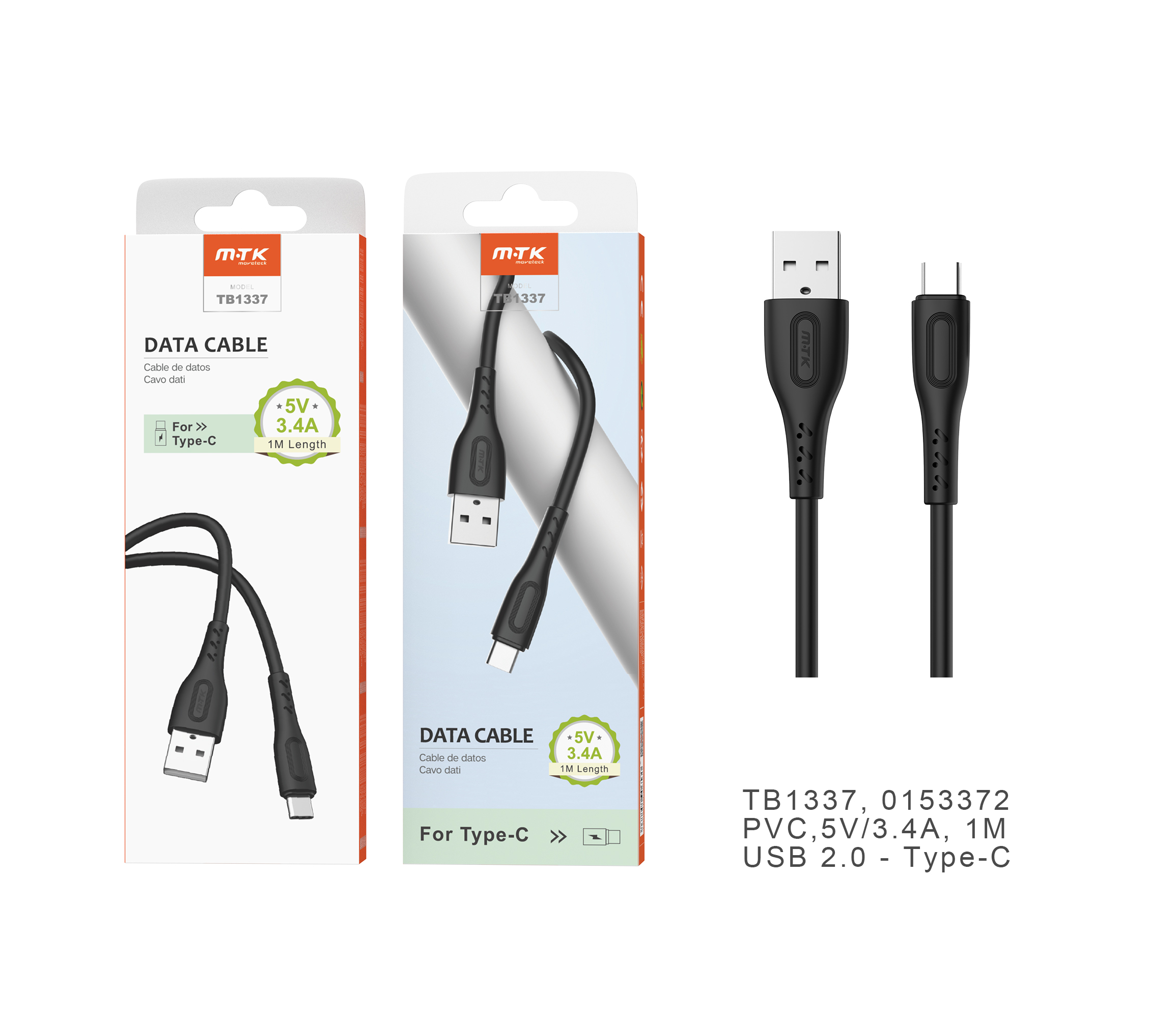 TB1337 NE Cable de datos Clea para Type-C , 5V/3.4A, 1M , Negro