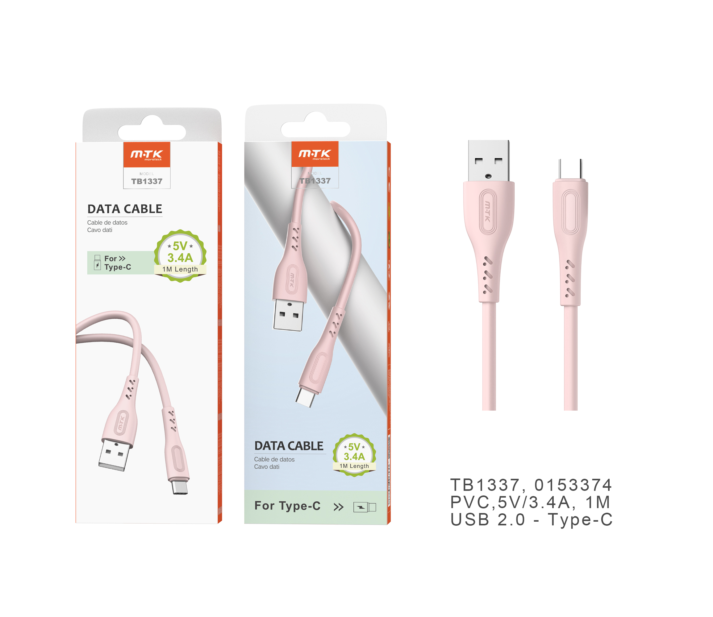 TB1337 RS Cable de datos Clea para Type-C , 5V/3.4A, 1M , Rosa