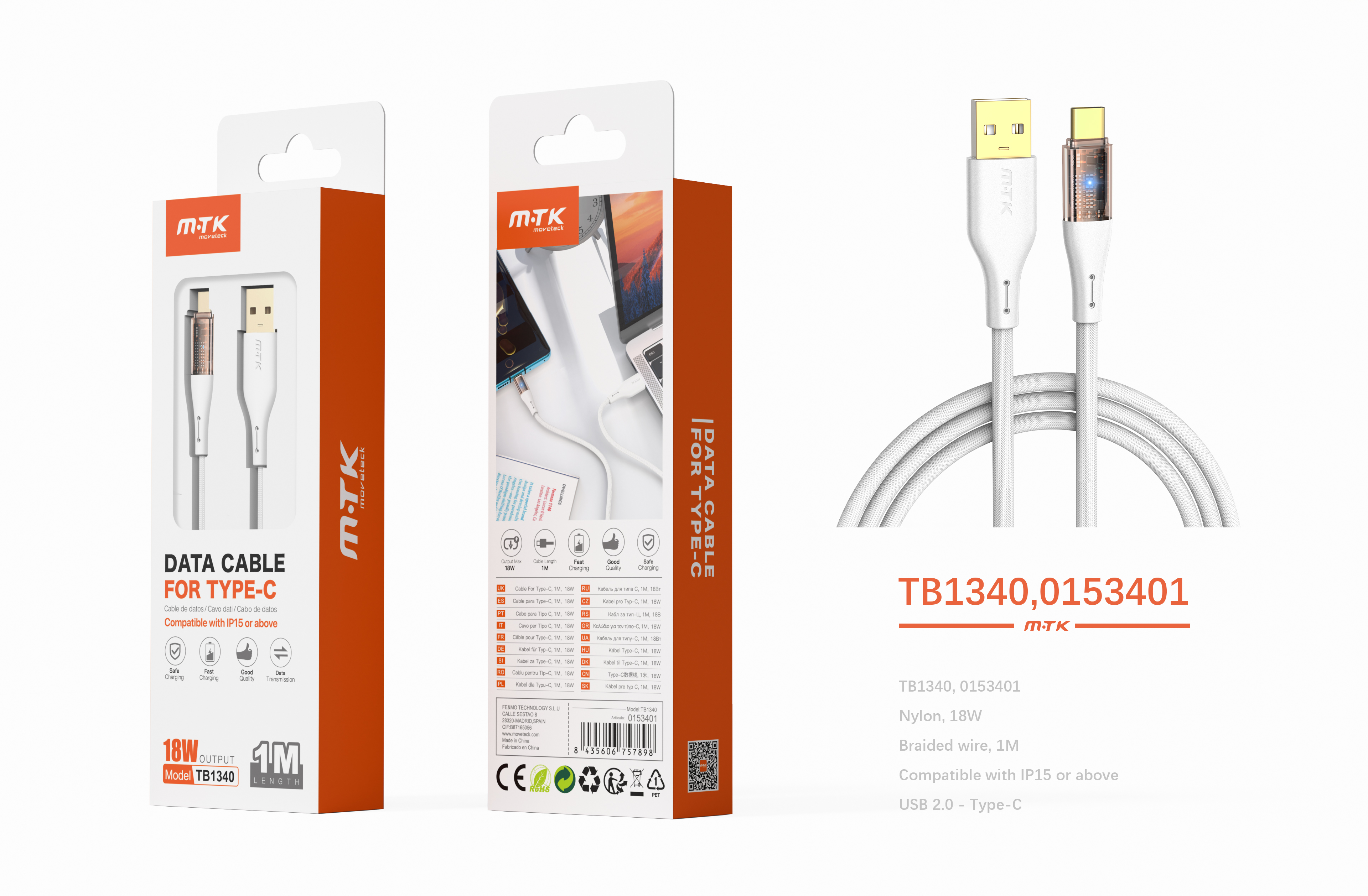 TB1340 BL Cable de datos Smith nylon trenzado para Type-C , 5V/3.4A, 1M, Blanco