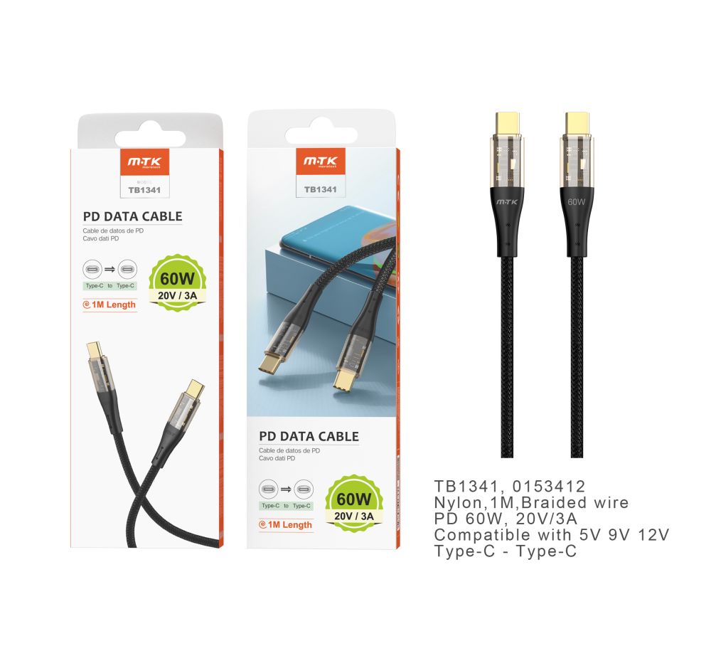 TB1341 NE Cable de datos Smith nylon trenzado para Type-C a Type-C , Carga Rapida PD,60W/3A, 1M, Neg