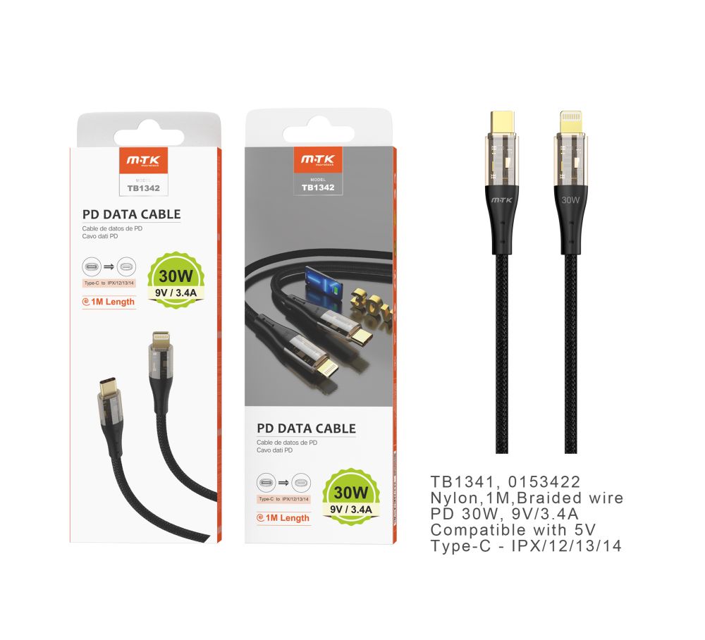 TB1342 NE Cable de datos Smith nylon trenzado para Type-C a Lightning , Carga Rapida PD,30W/9V/3.4A,