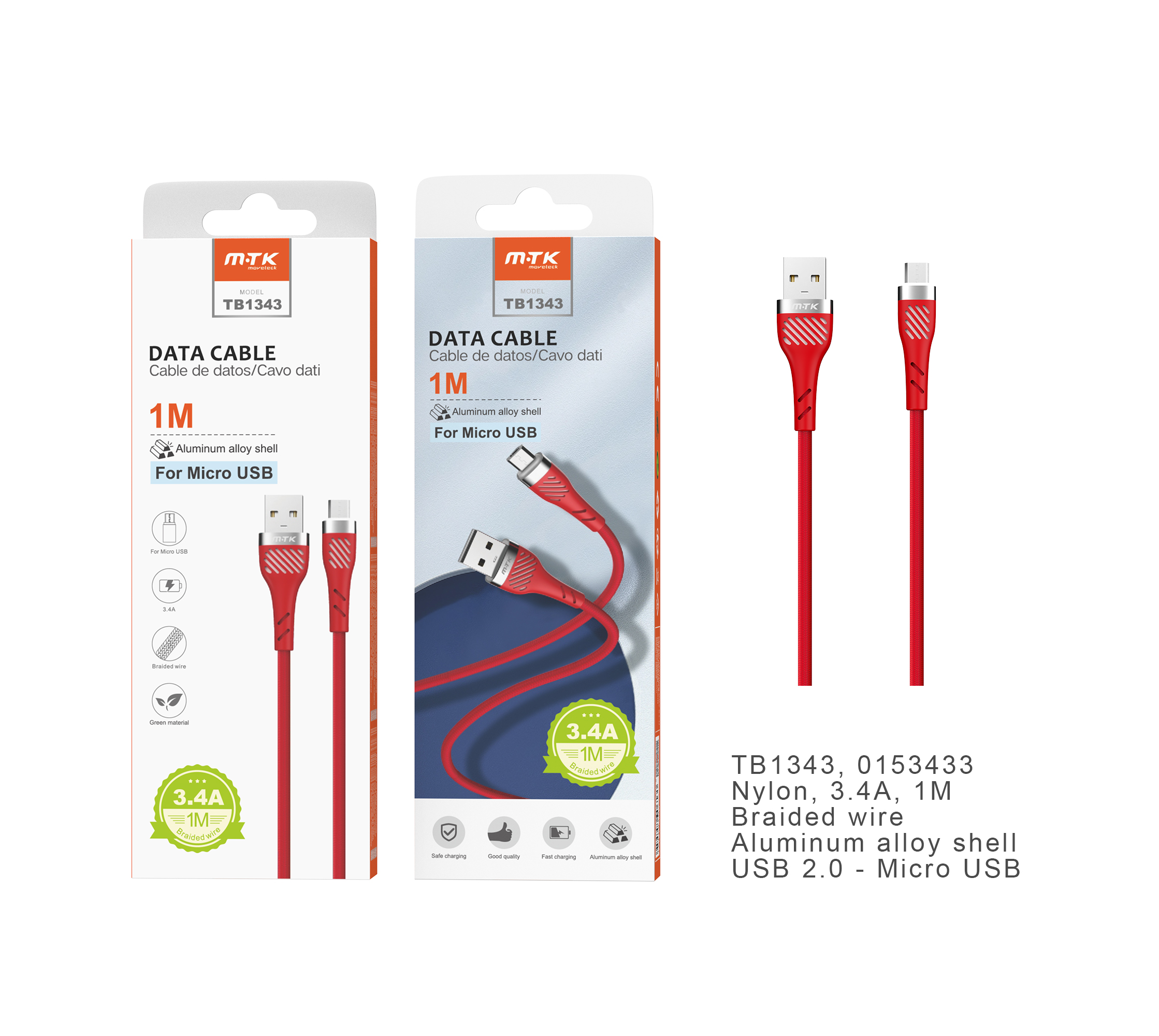 TB1343 RJ Cable de datos Camyl nylon trenzado para Micro USB, 3.4A, 1M, Rojo