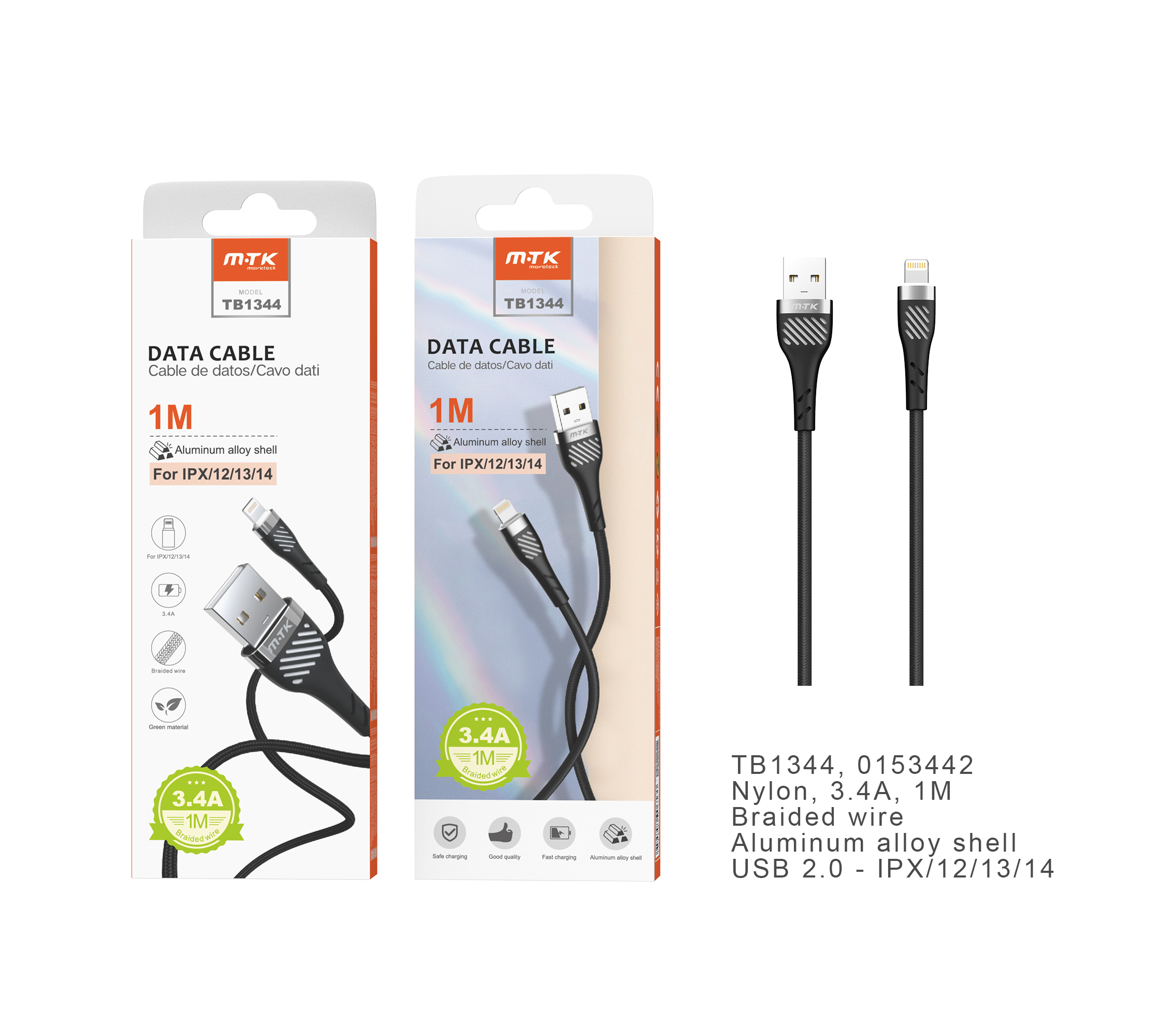 TB1344 NE Cable de datos Camyl nylon trenzado para Iphone, 3.4A, 1M, Negro