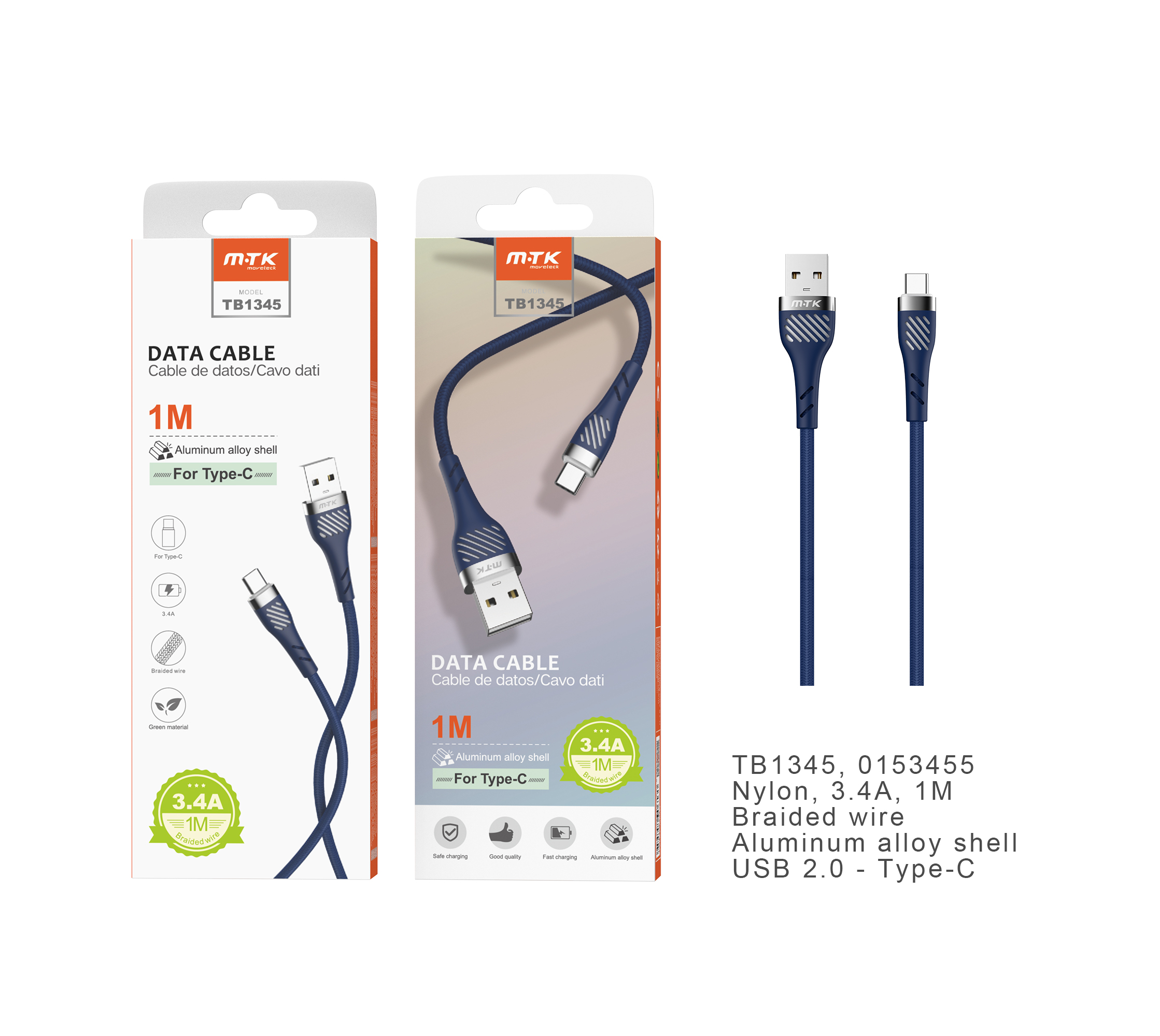 TB1345 AZ Cable de datos Camyl nylon trenzado para Type-C, 3.4A, 1M, Azul