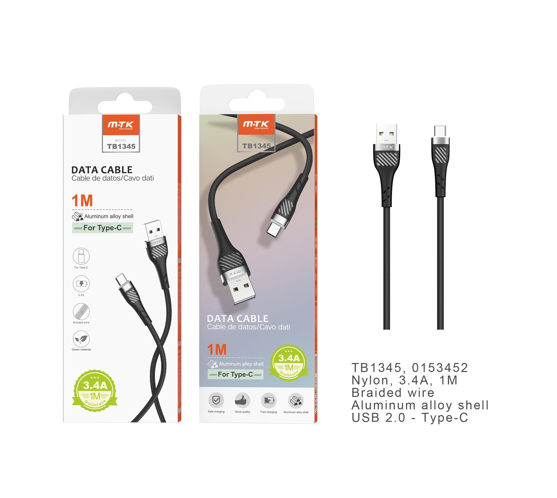 TB1345 NE Cable de datos Camyl nylon trenzado para Type-C, 3.4A, 1M, Negro