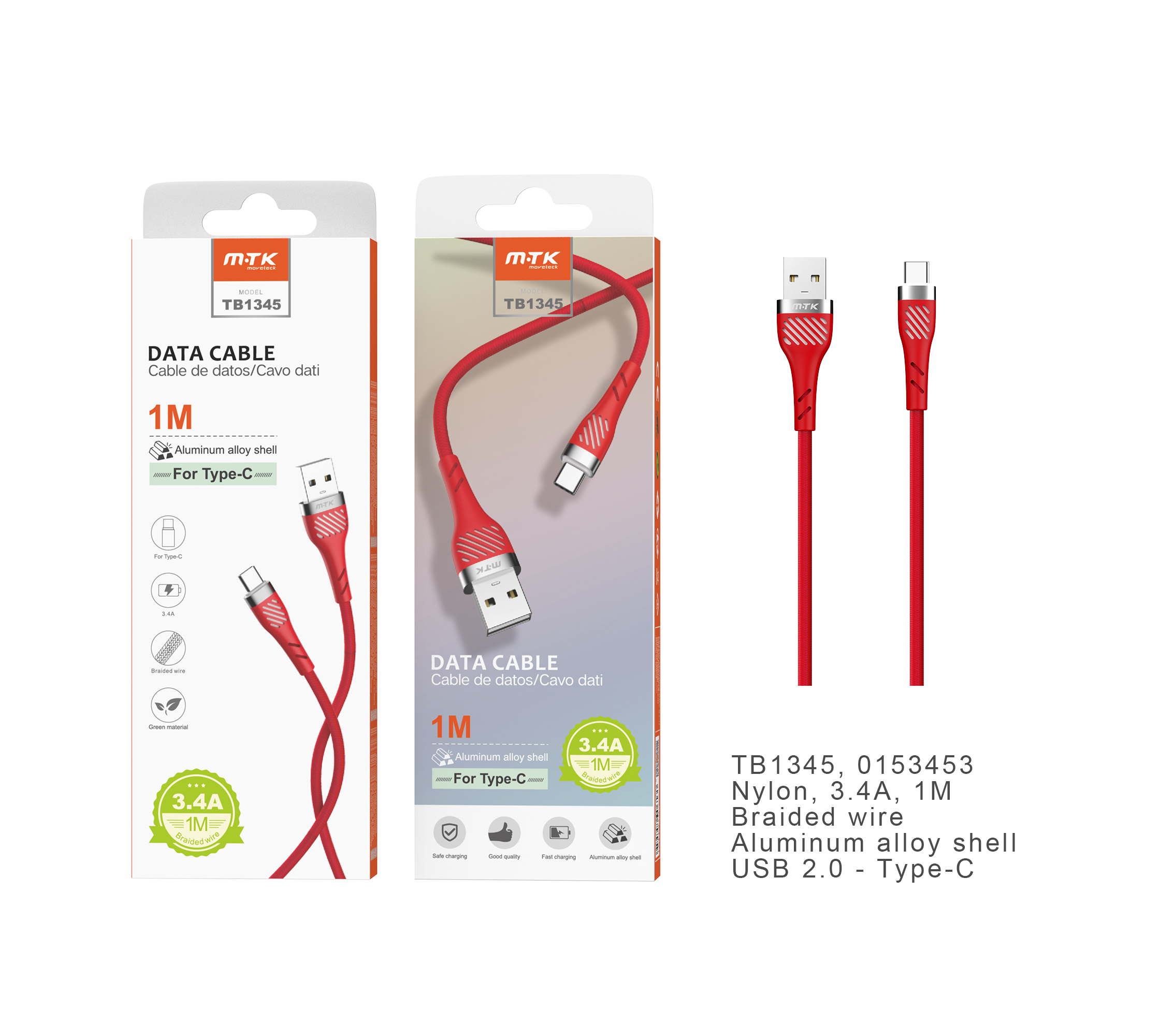 TB1345 RJ Cable de datos Camyl nylon trenzado para Type-C, 3.4A, 1M, Rojo