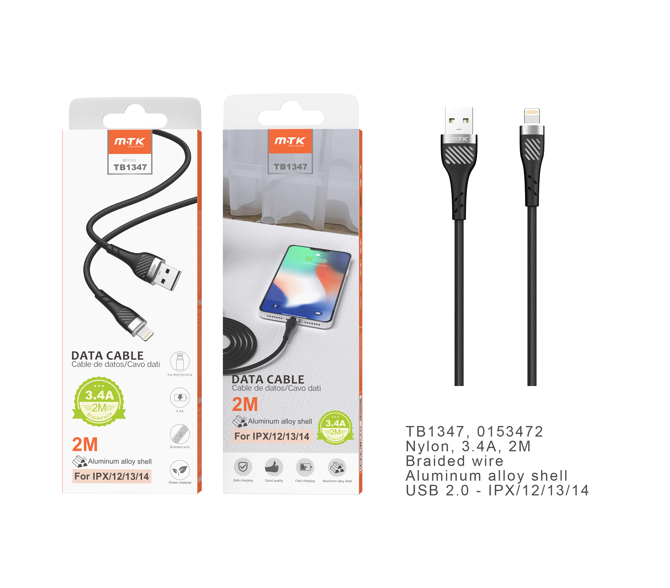 TB1347 NE Cable de datos Camyl nylon trenzado para Iphone, 2.4A, 2M, Negro