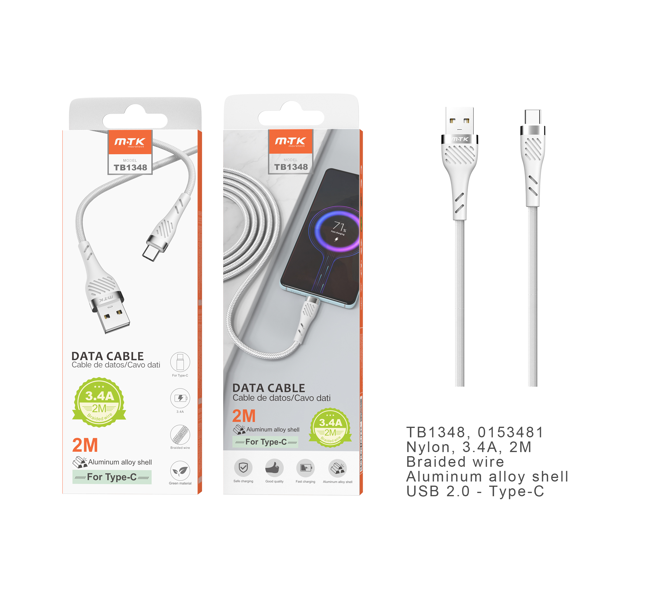 TB1348 BL Cable de datos Camyl nylon trenzado para Type-C, 2.4A, 2M, Blanco