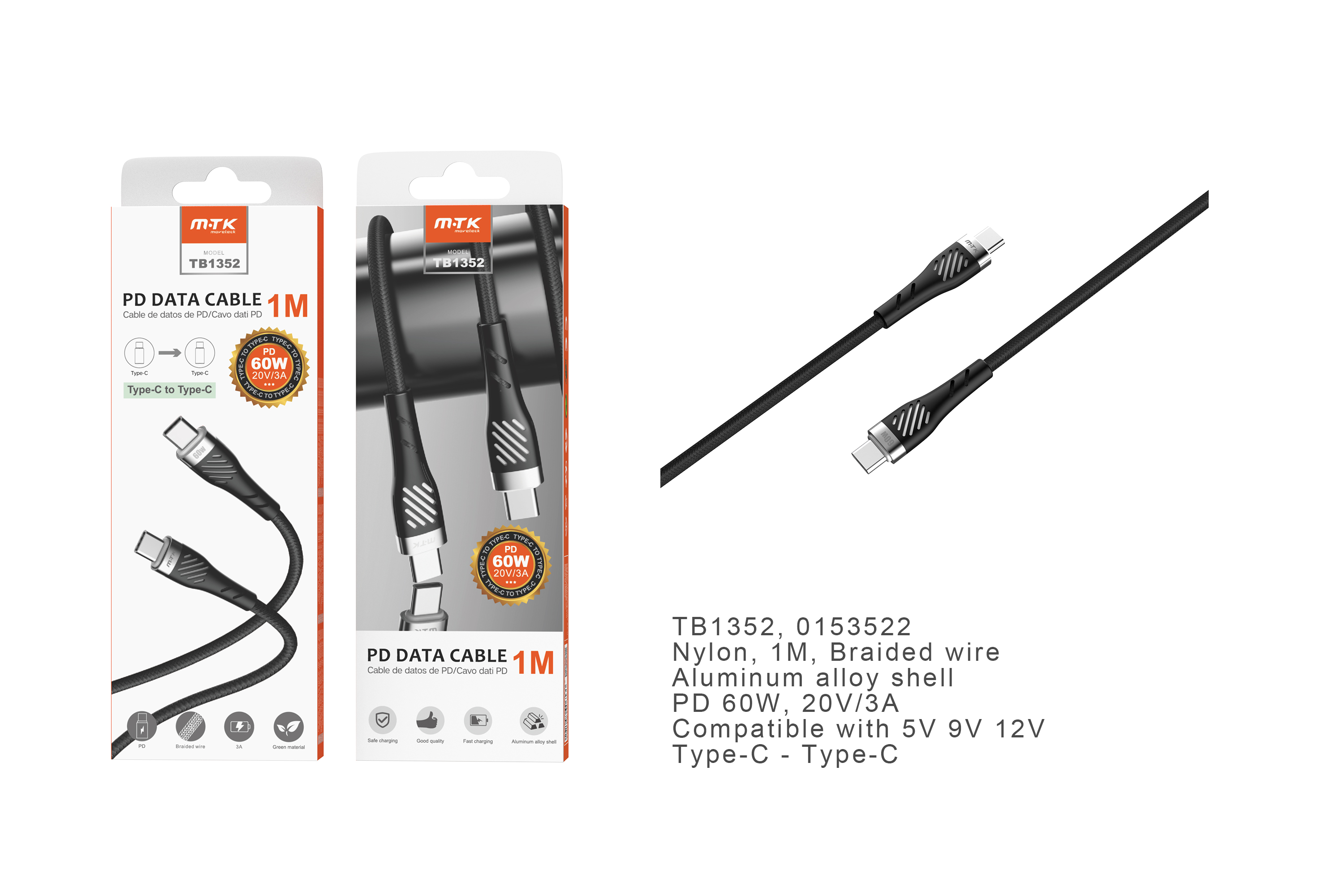 TB1352  NE Cable de Datos Camyl nylon trenzado , Type-C a Type-C ,Carga Rapida PD 60W/20V/3A , Cable