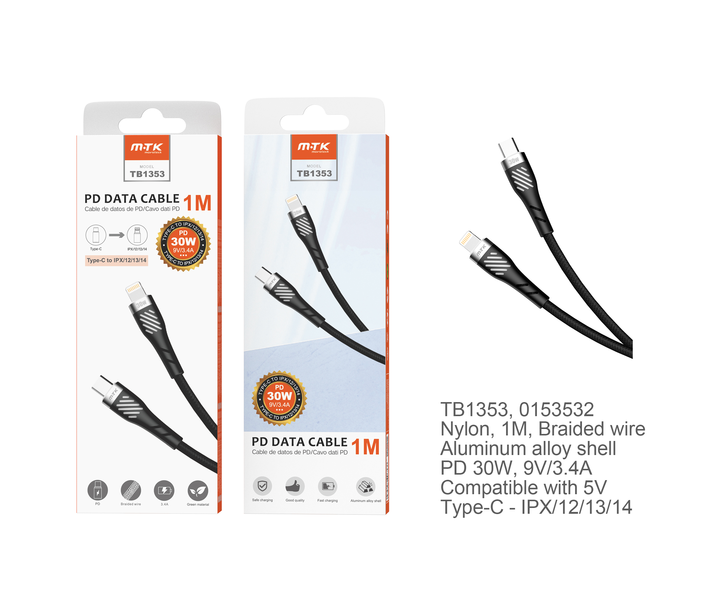 TB1353  NE Cable de Datos Camyl nylon trenzado , Type-C a Lightning , Carga Rapida PD 30W/9V/3.4A ,