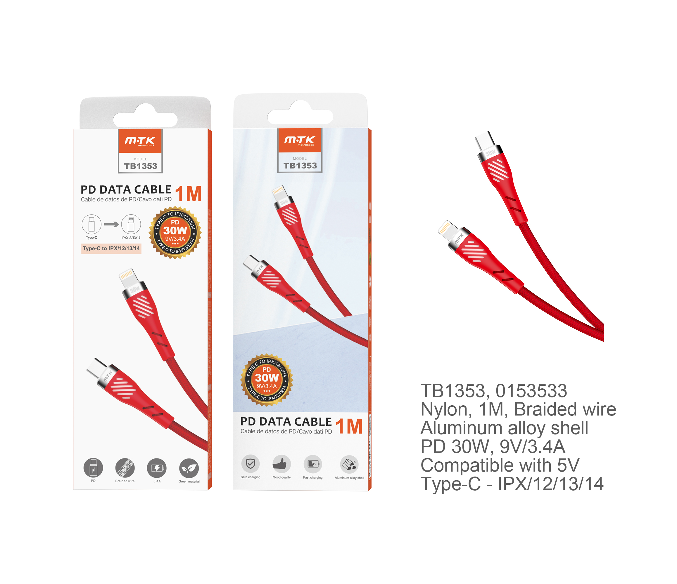 TB1353 RJ Cable de Datos Camyl nylon trenzado , Type-C a Lightning , Carga Rapida PD 30W/9V/3.4A , Cable 1M , Rojo