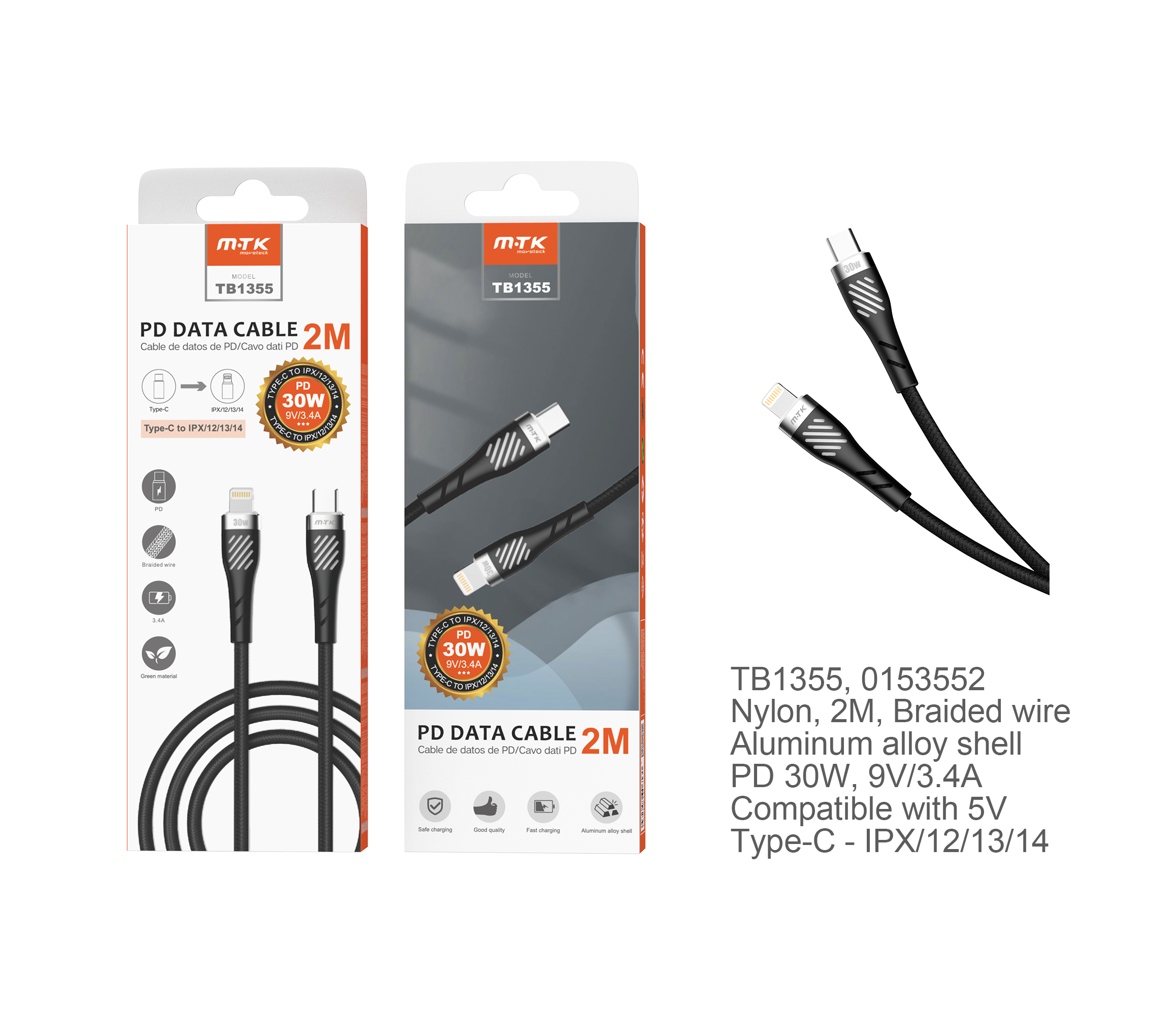 TB1355  NE Cable de Datos Camyl nylon trenzado , Type-C a Lightning , Carga Rapida PD 30W/9V/3.4A ,