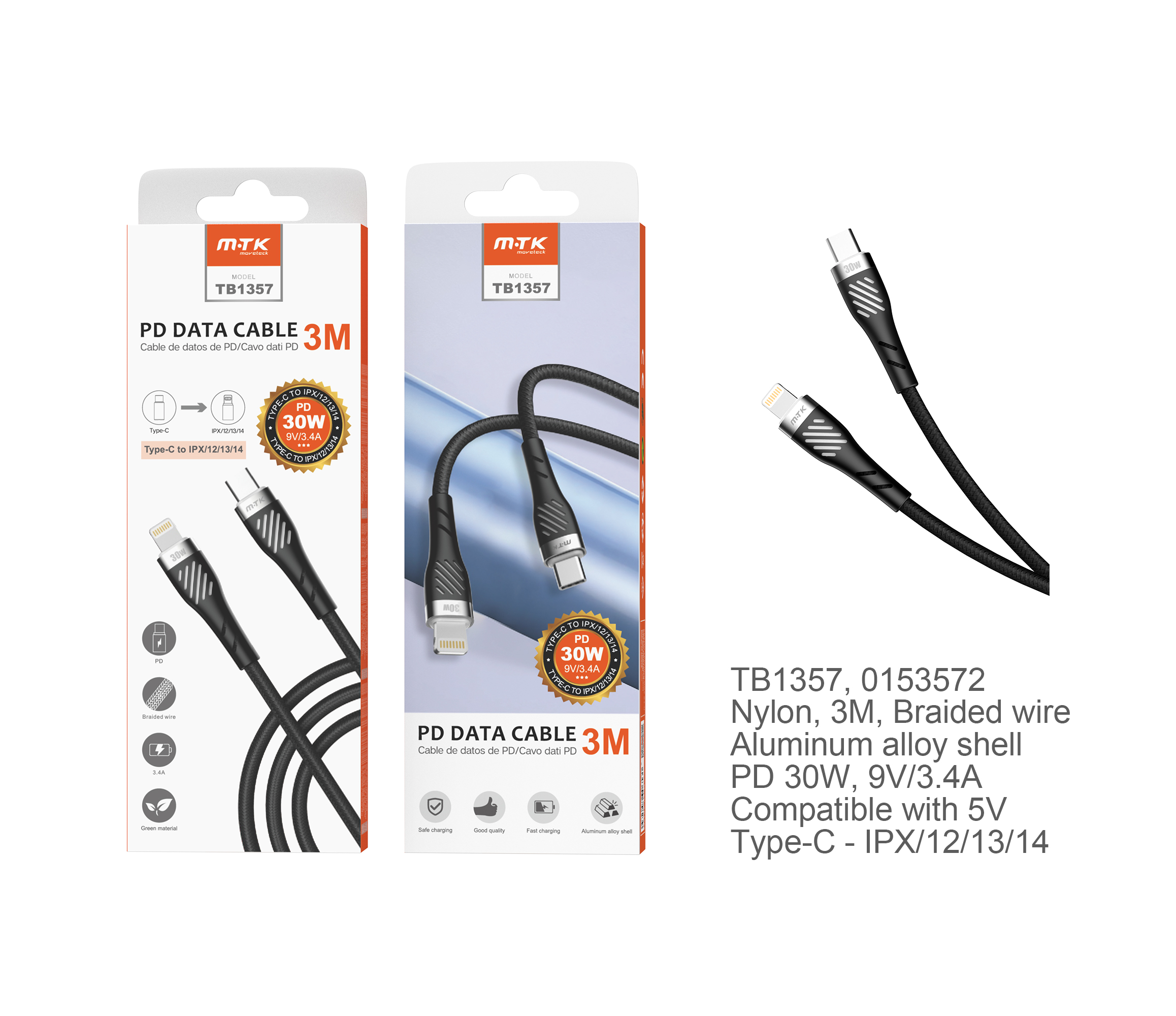 TB1357  NE Cable de Datos Camyl nylon trenzado , Type-C a Lightning , Carga Rapida PD 30W/9V/3.4A ,