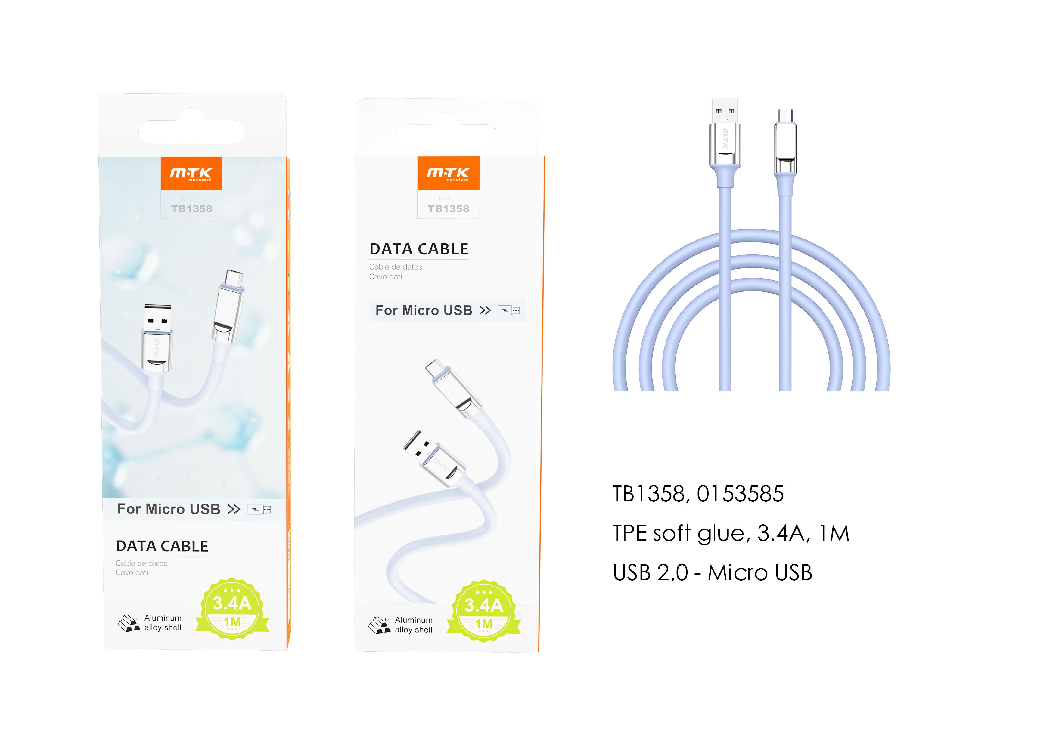 TB1358 AZ Cable de Datos Cyril para Micro USB , 1M, 3.4A, Azul