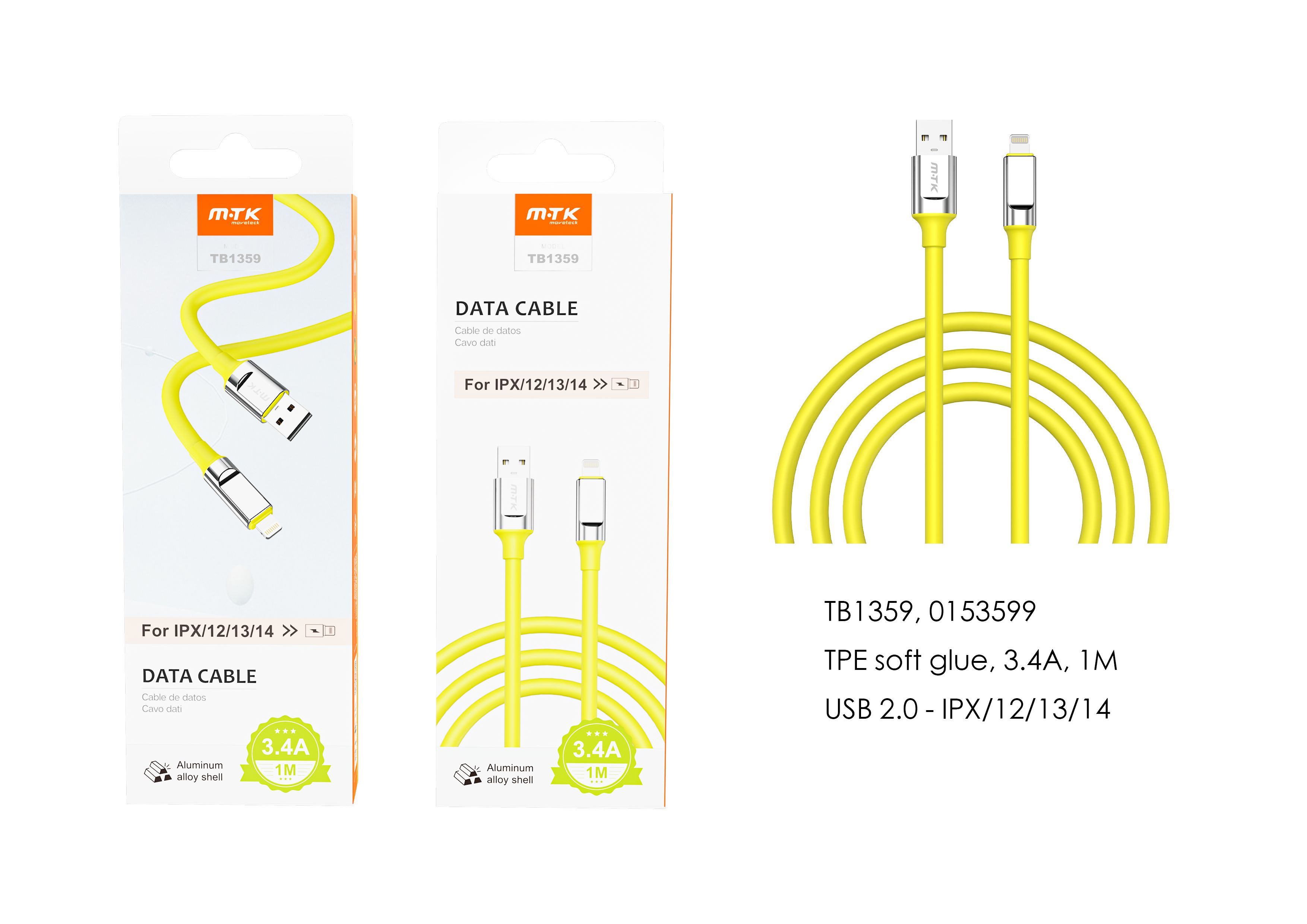 TB1359 AMCable de datos TPE para Iphone 5-14 , 5V/3.4A, 1M, Amarillo