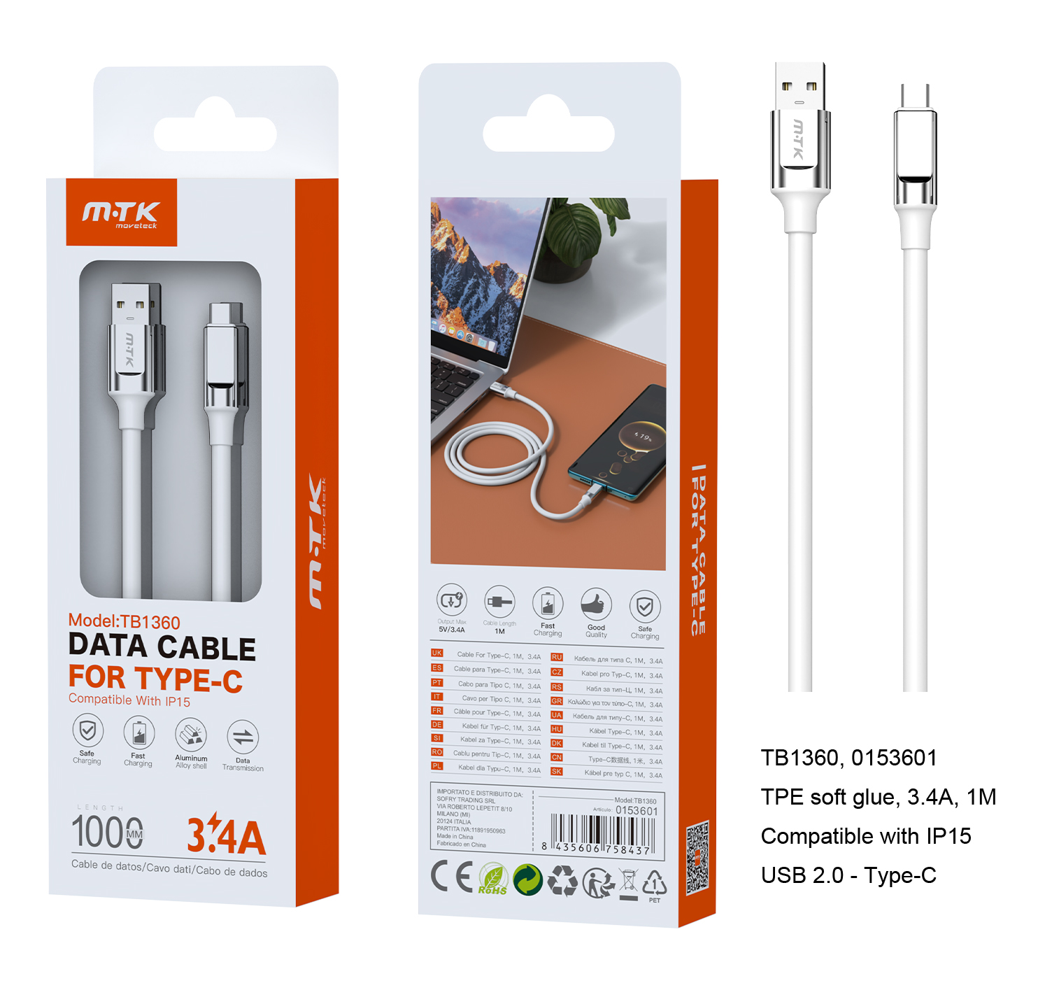 TB1360 BL Cable de Datos Cyril para Type-C , 1M, 3.4A, Blanco