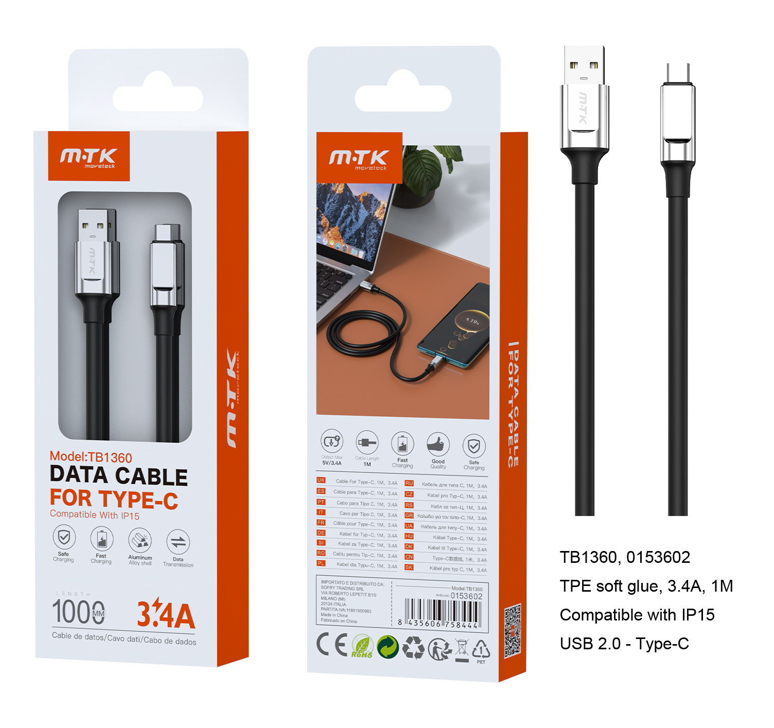 TB1360 NE Cable de Datos Cyril para Type-C , 1M, 3.4A, Negro