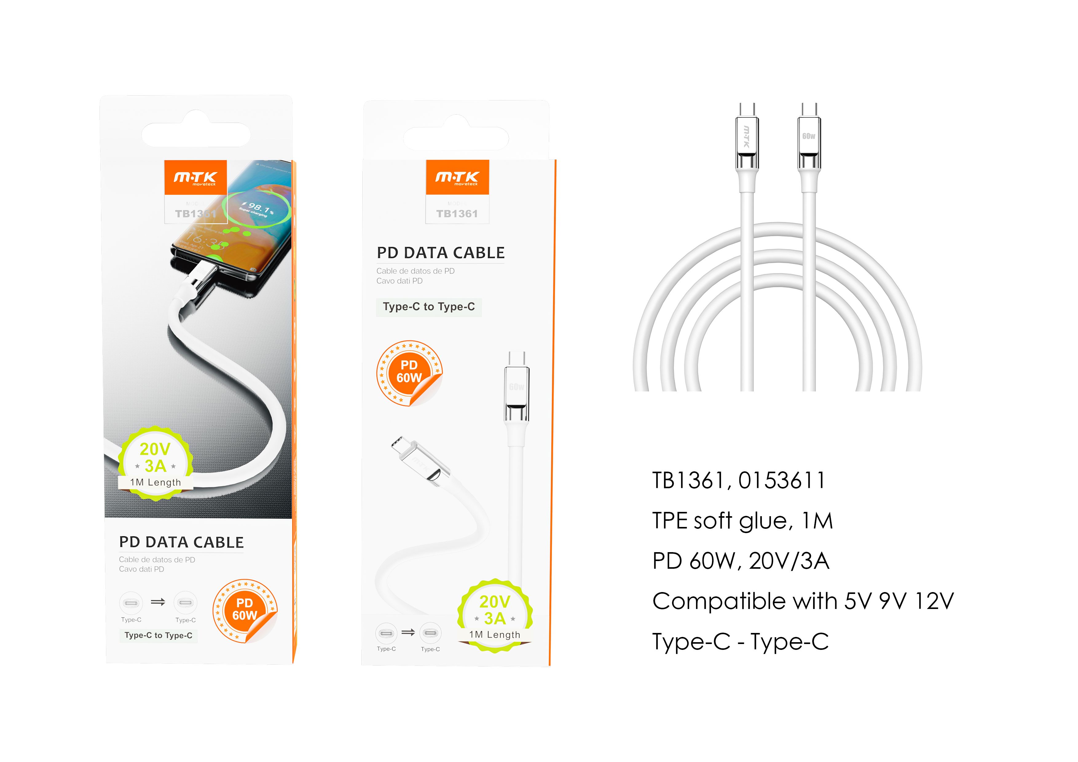 TB1361 BL Cable de datos Cyril para Type-C a Type-C , Carga Rapida PD, 60W/20V/3A, 1M, Blanco