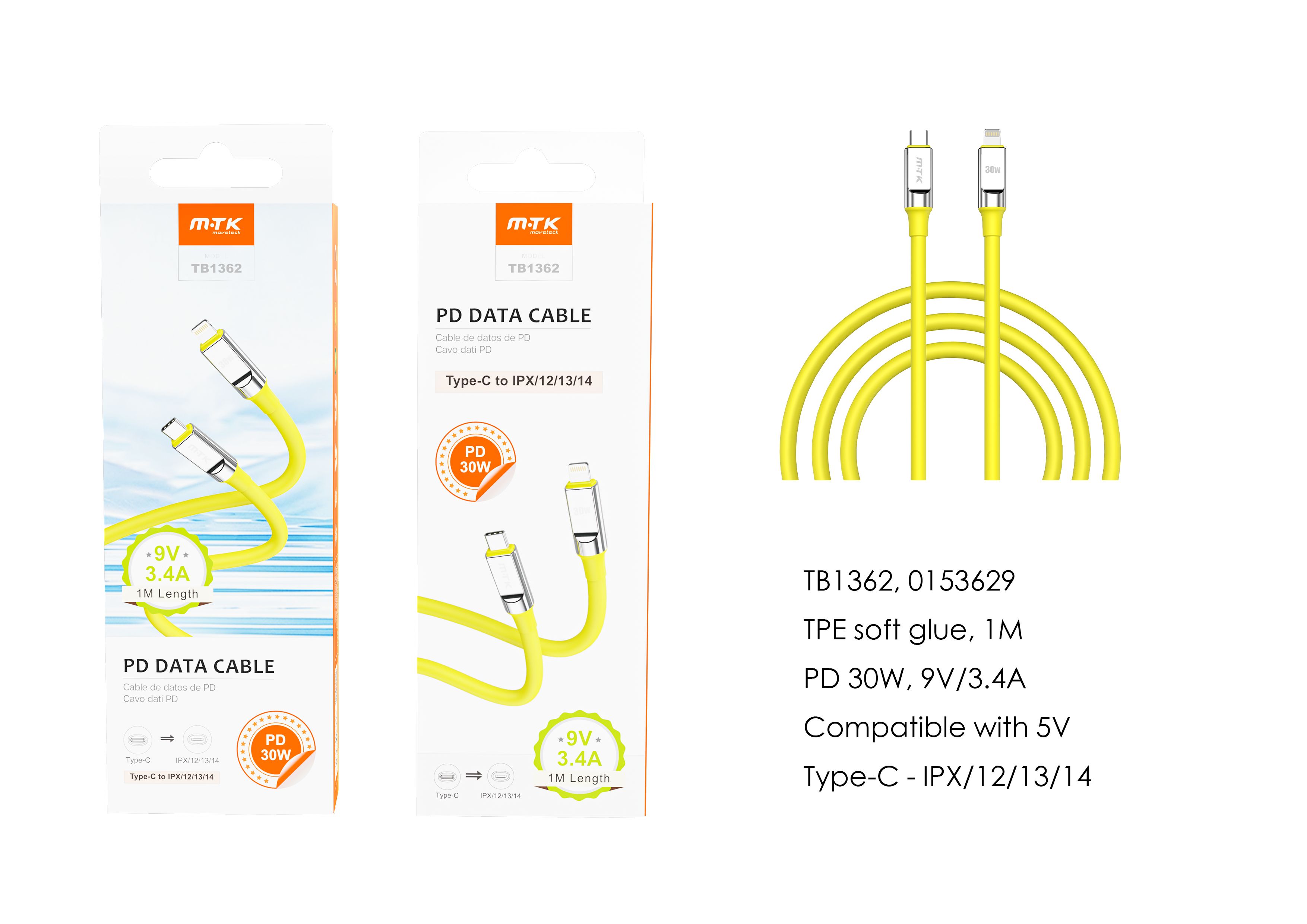 TB1362 AM Cable de datos Cyril para Type-C a Lightning , Carga Rapida PD, 30W/9V/3.4A, 1M, Amarillo