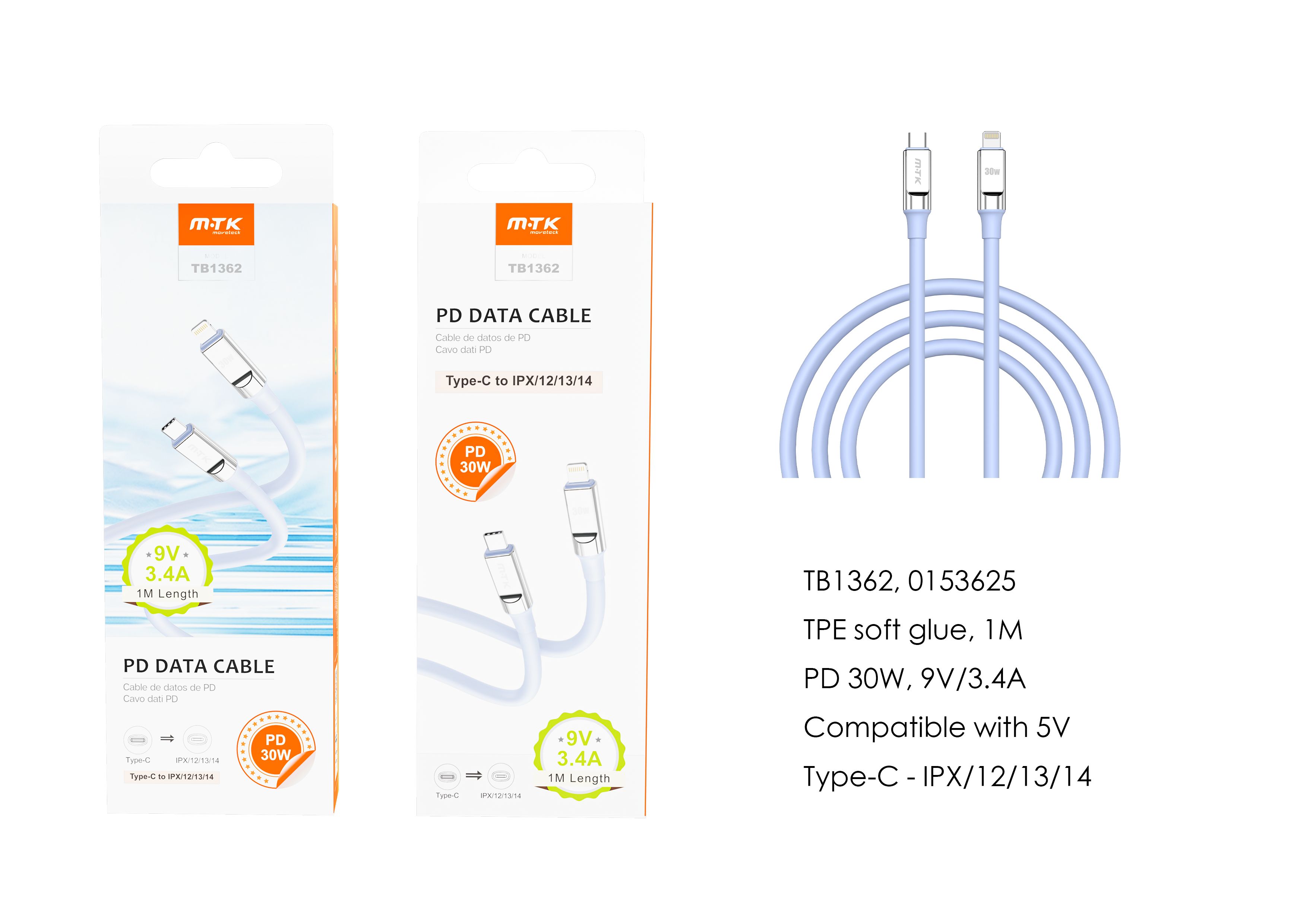 TB1362 AZ Cable de datos Cyril para Type-C a Lightning , Carga Rapida PD, 30W/9V/3.4A, 1M, Azul