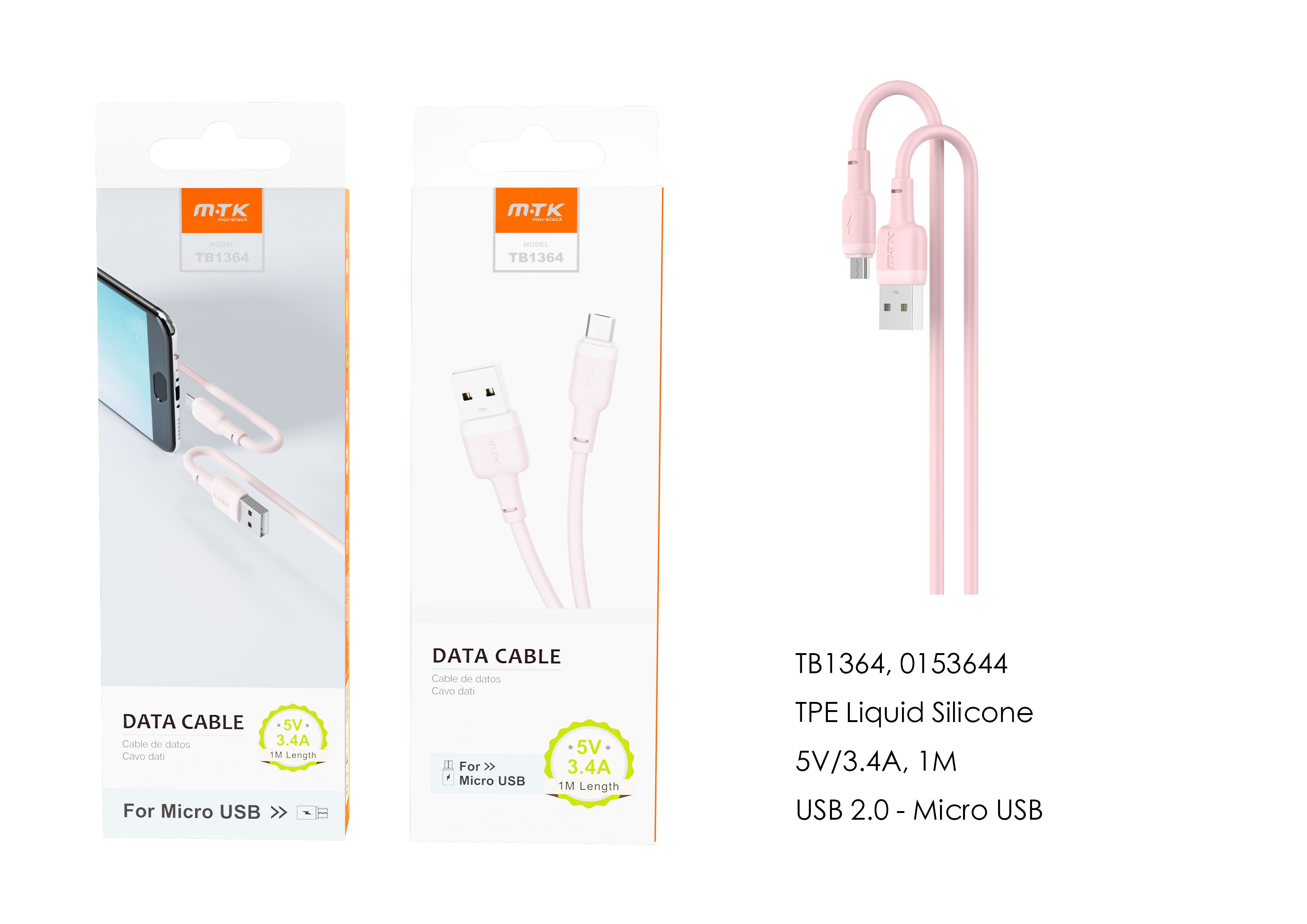 TB1364 RS Cable de Datos Evie para Micro USB, 1M 5V/3.4A, Rosa