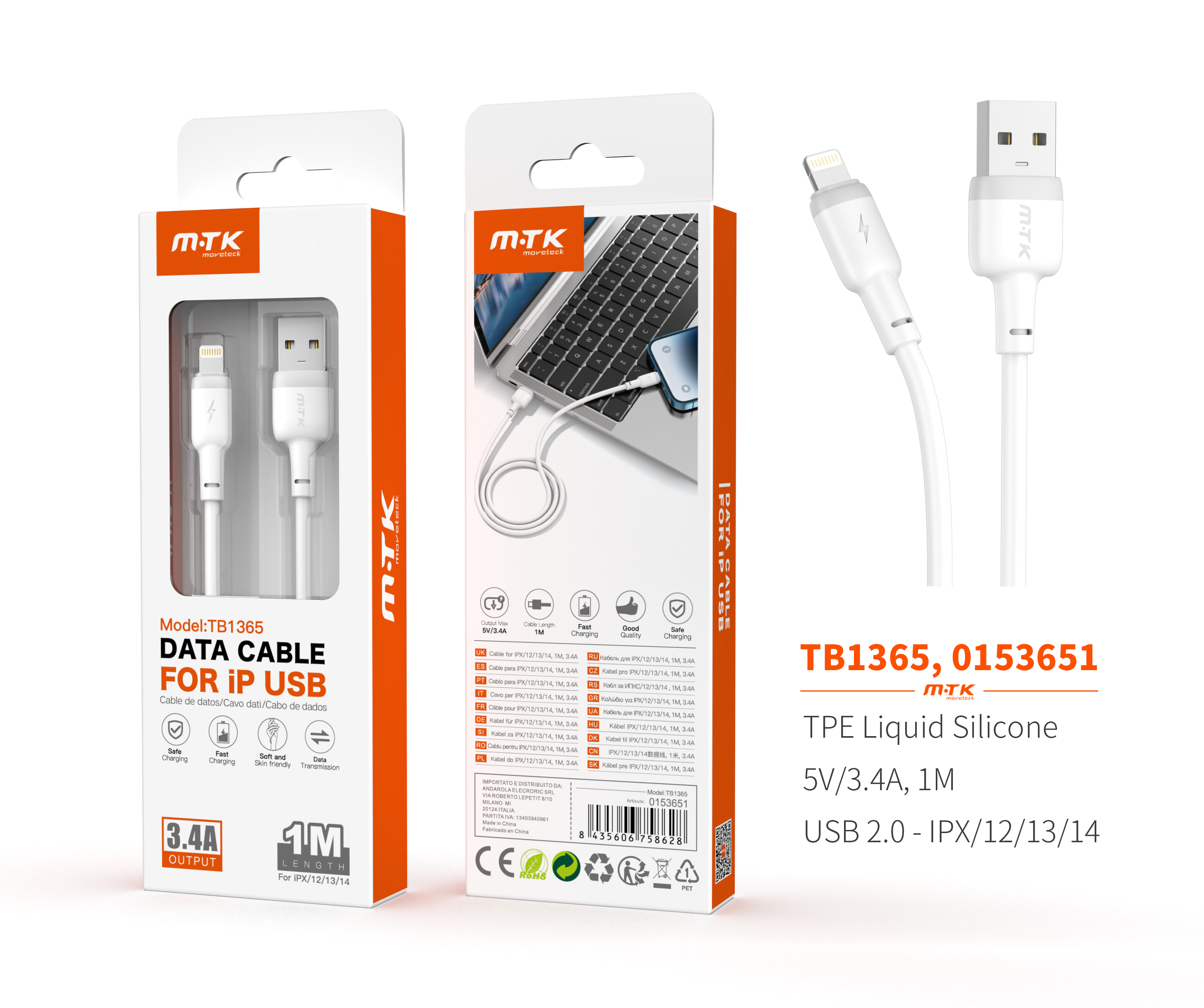 TB1365 BL Cable de Datos Evie para Iphone 5-14, 1M, 5V/3.4A, Blanco