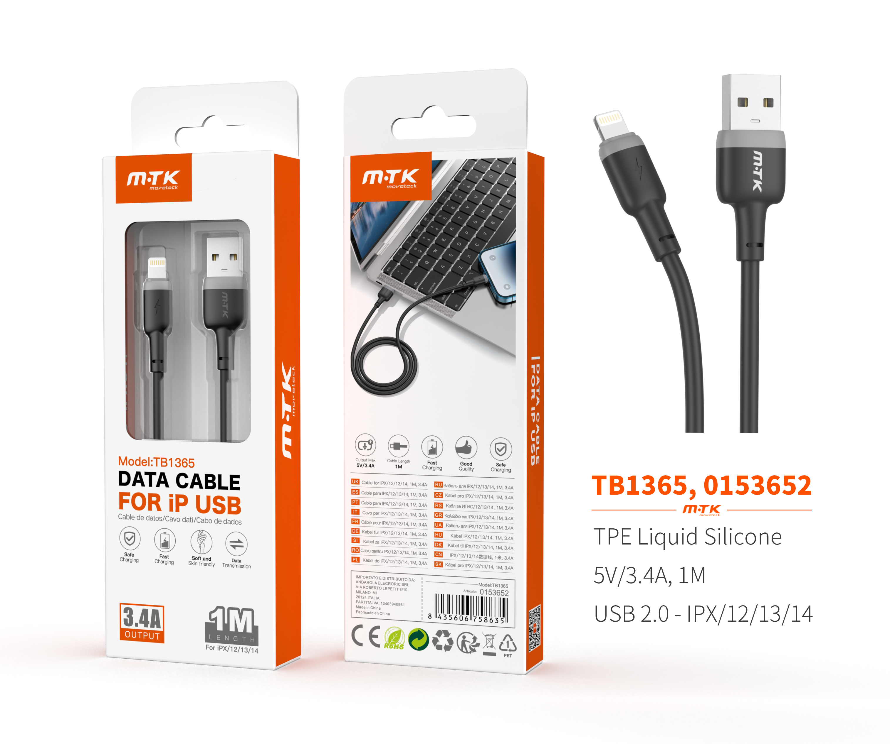 TB1365 NE Cable de Datos Evie para Iphone 5-14, 1M, 5V/3.4A, Negro