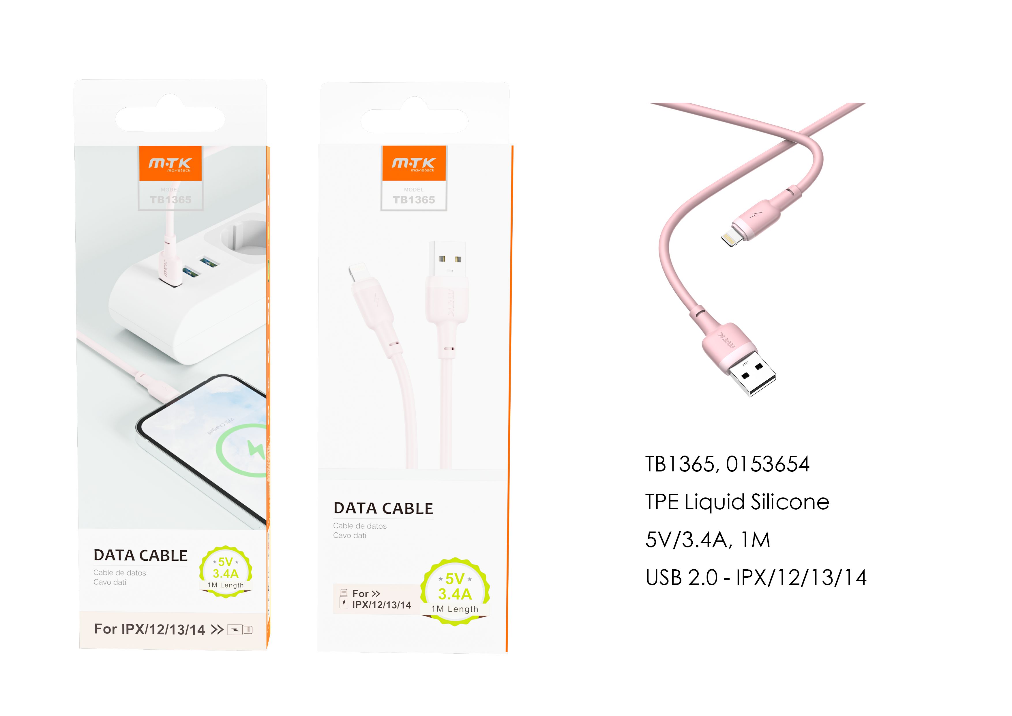 TB1365 RS Cable de Datos Evie para Iphone 5-14, 1M, 5V/3.4A, Rosa