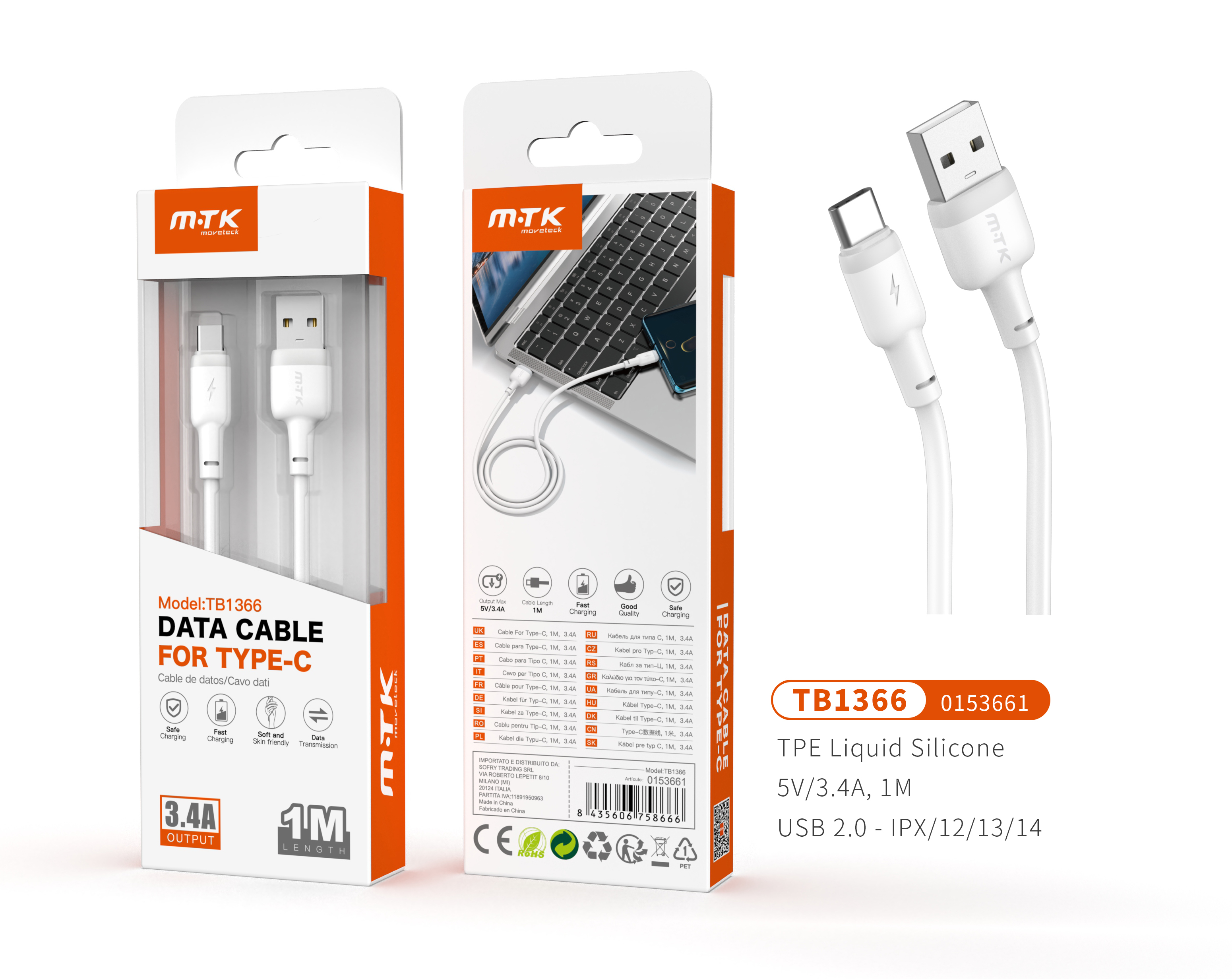 TB1366 BL Cable de Datos Evie para Type-C , 1M, 5V/3.4A, Blanco