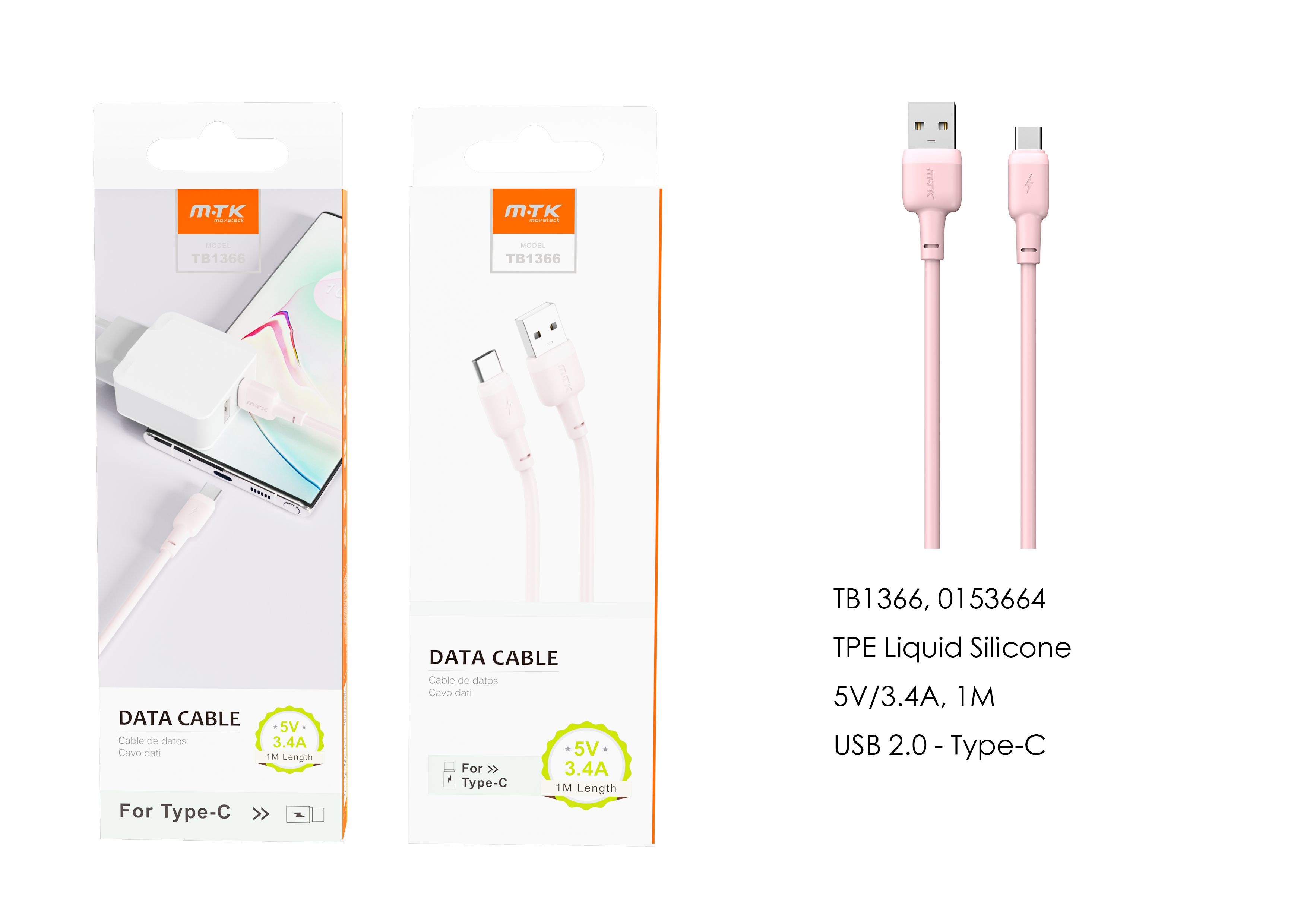 TB1366 RS Cable de Datos Evie para Type-C , 1M, 5V/3.4A, Rosa