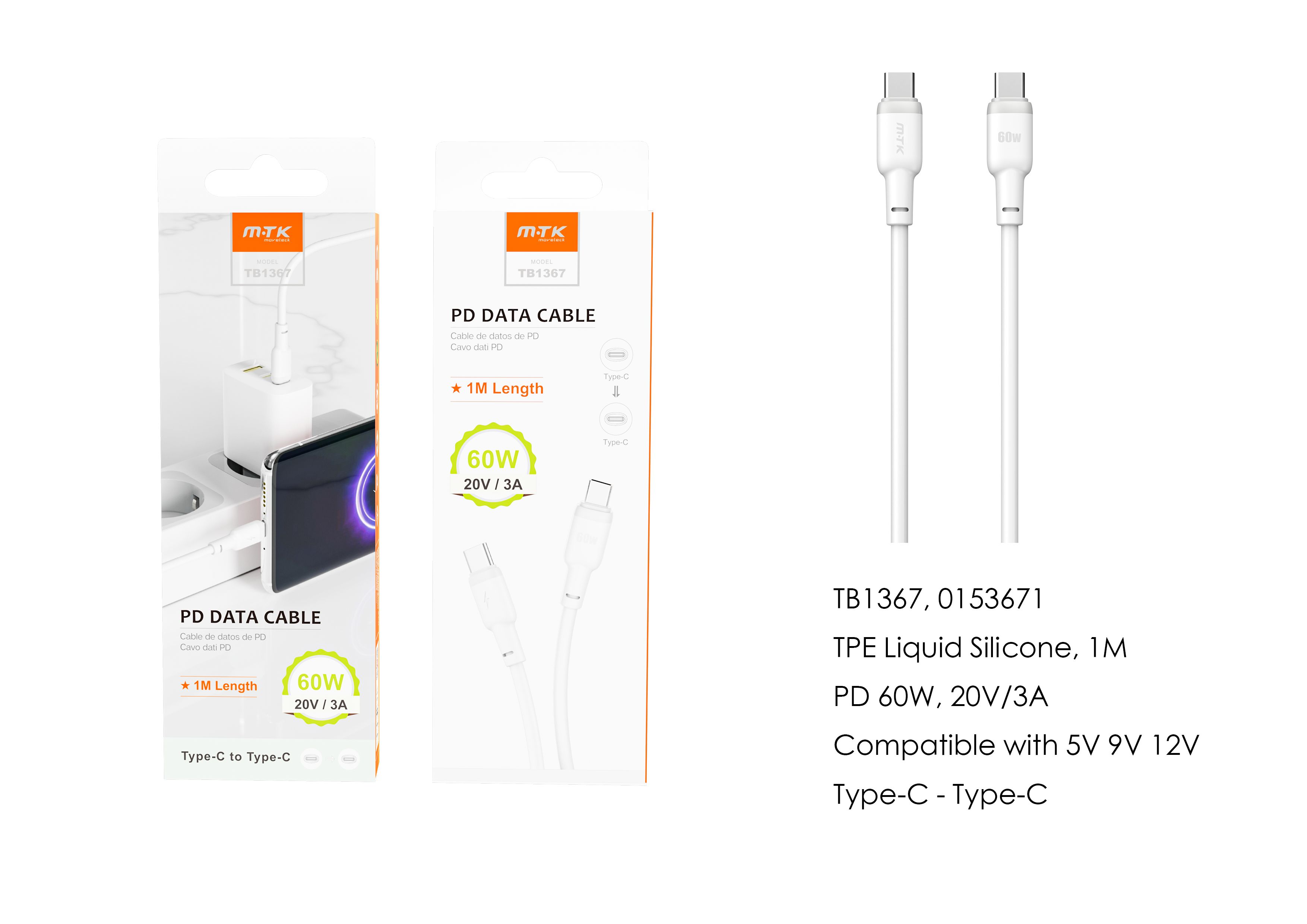 TB1367  BL Cable de Datos Evie , Type-C a Type-C ,Carga Rapida PD 60W/20V/3A , Cable 1M , Blanco